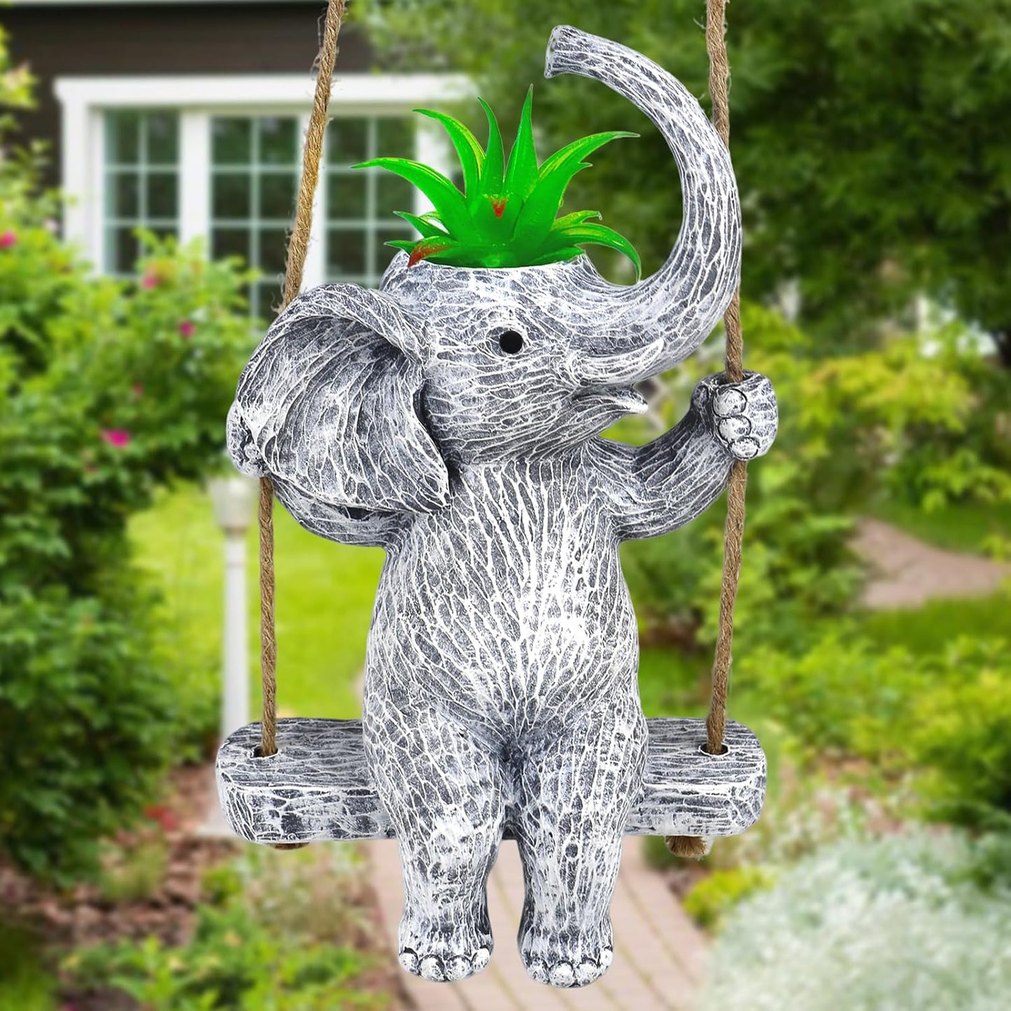 Elephant Gifts for Women Cute Succulent Pots for Outdoor Plants Funny Plant Pot Garden Pot Swing Hanging Planter Elephant Sit Swing Statue with Drainage Hole