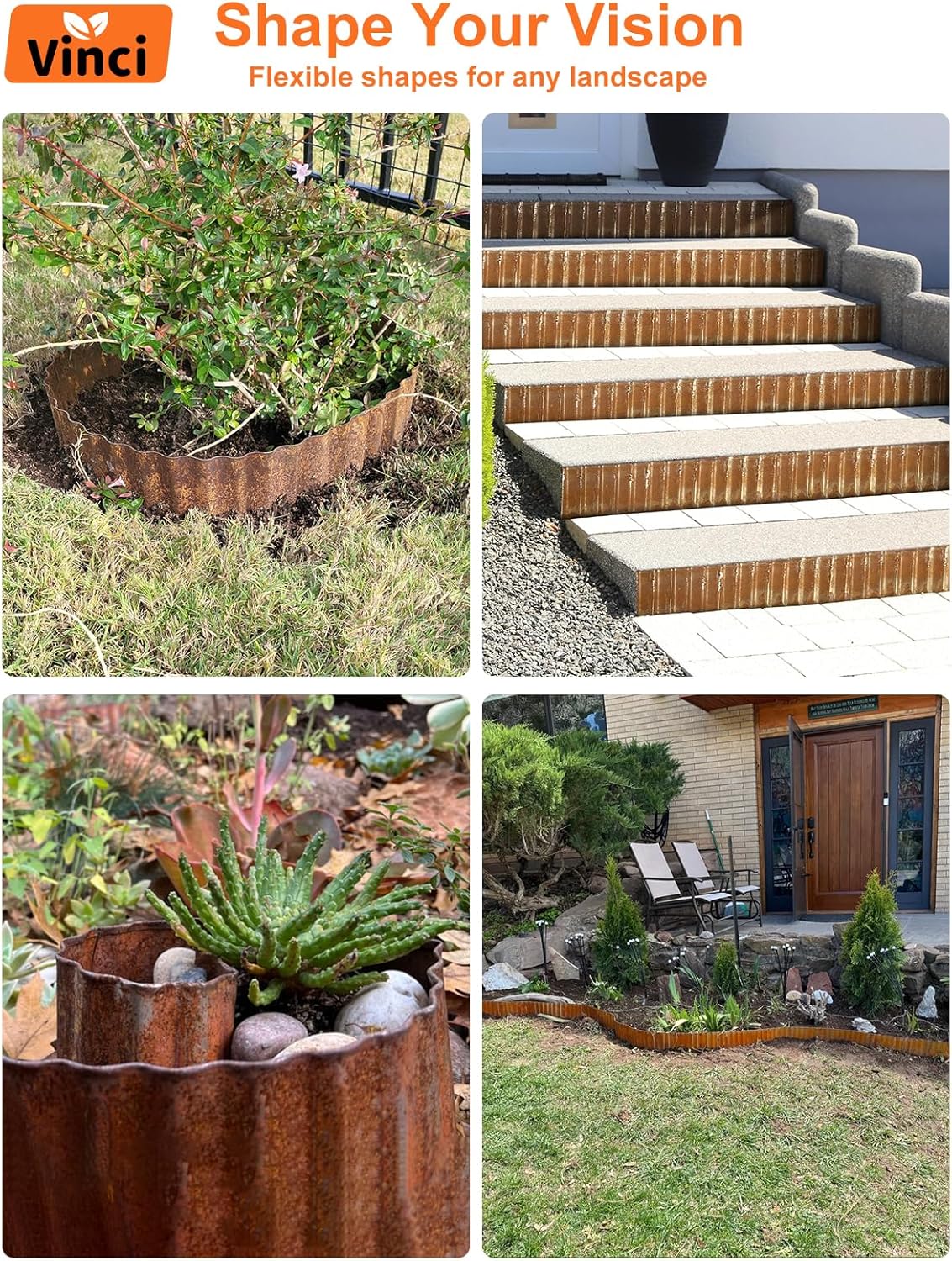 Vinci Garden Landscape Edging Border, 12 Inch x 10 FT Corrugated Sturdy Metal Easy Installation Safe Hemmed Lawn Garden Border Edges for DIY Flower Beds,Pathways and Patio Design (Rusted)