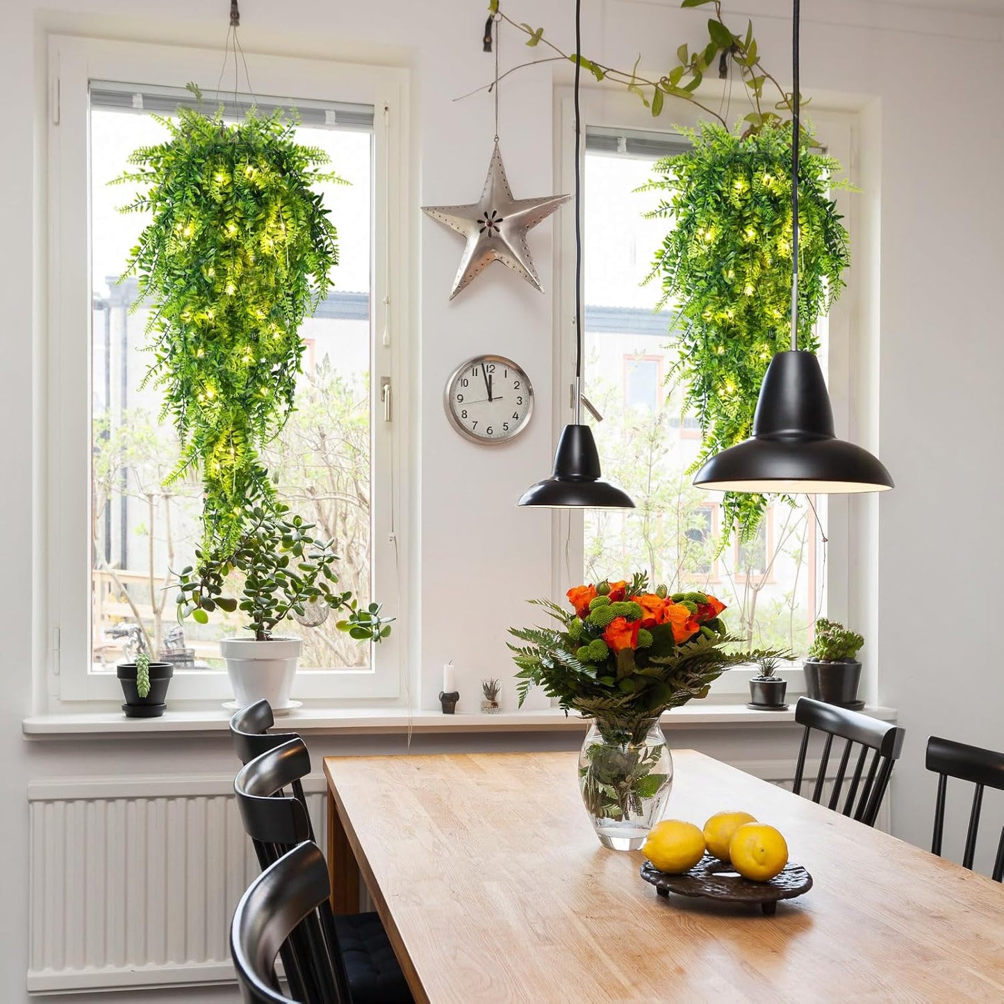 RECUTMS Artificial Boston Ferns 4 Pack Fake Hanging Plants with 30 LED Lights Faux Ivy Vine Leaves Plastic Greenery UV Resistant for Home Bedroom Wall Porch Garden Wedding Decor (Green)
