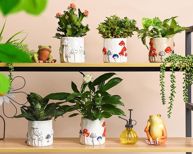Colorful Mushroom Ceramic Planter for Indoor Plants, Small Plant Pots with Drainage, 5 Inch Pots for Plants, Flower Pots for Outdoor Indoor Plants, Plant Pot for Windowsill Patio Garden