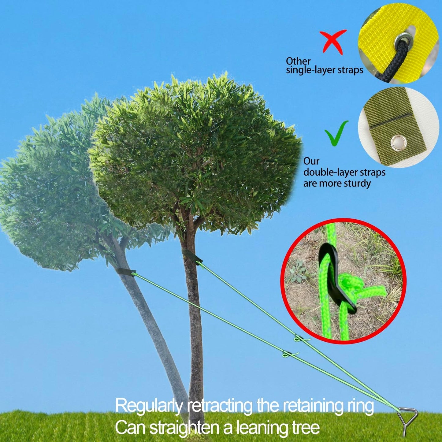 Heavy Duty Tree Stakes and Supports - 16" Spiral Metal Tree Stakes Kit - Reflective Nylon Rope - Thickened Straps - Quick Installation Stick - Chrome Finish