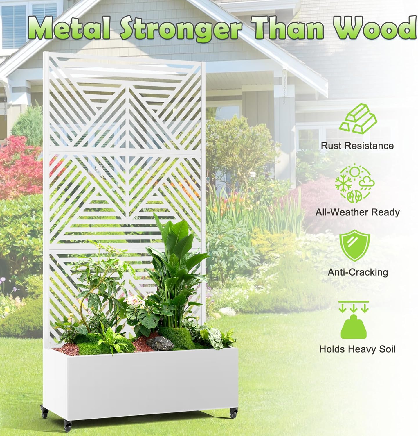 15.7"×70.9"×35.4" Metal Raised Garden Bed with Trellis and Wheels - Tall Trellis Planter Box for Climbing Plants, Vegetables & Vines - Outdoor Privacy Planters for Patio (White-Zodiac)