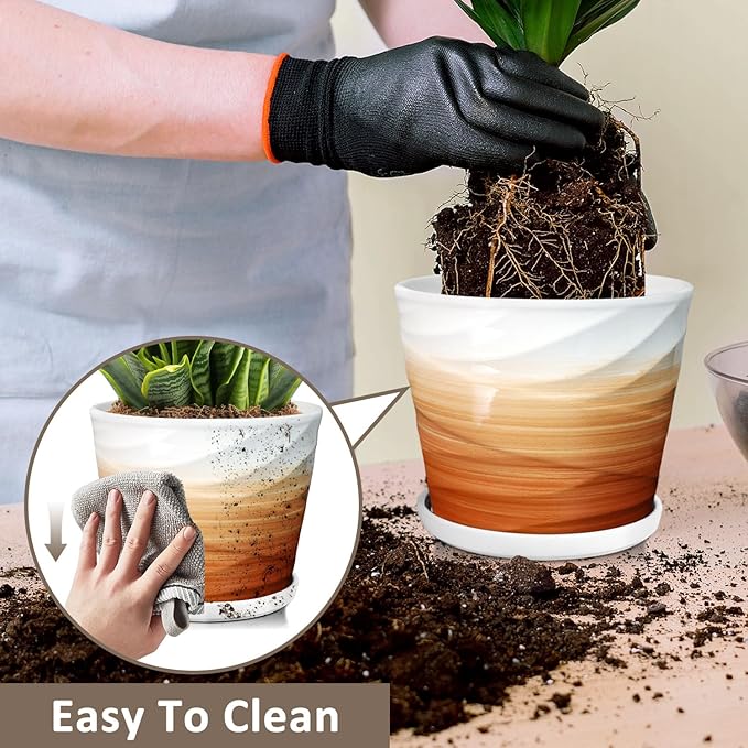 6.7 + 5.5 Inch Plant Pot, Ceramic Planter with Drainage and Saucer,Ceramic Pots for Plants, Indoor Plant pots,planters for Indoor Plants(Khaki + White)
