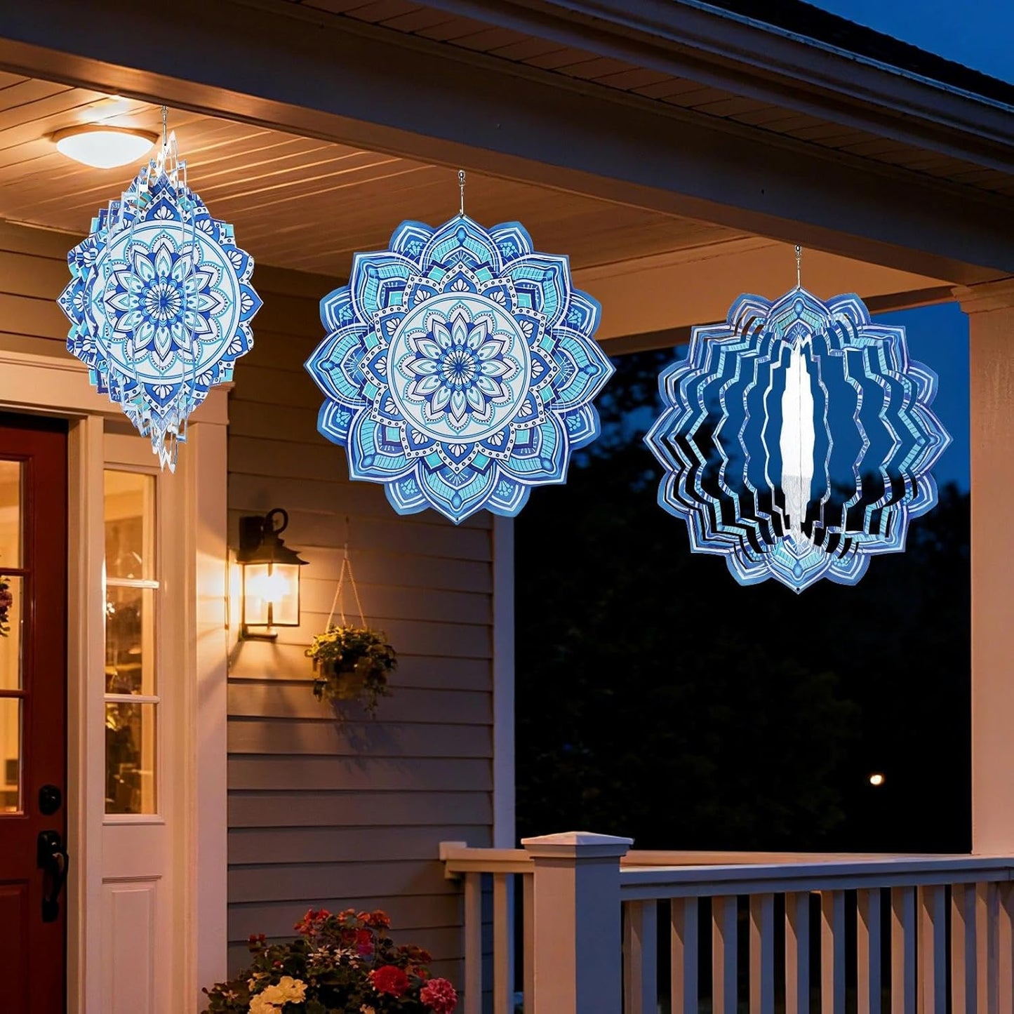 Wind Spinner Mandala Blue, 12-Inch 3D Kinetic Stainless Steel Metal Hanging Wind Spinners Outdoor, Flowers Yard Art Garden Porch Indoor Outdoor Decor