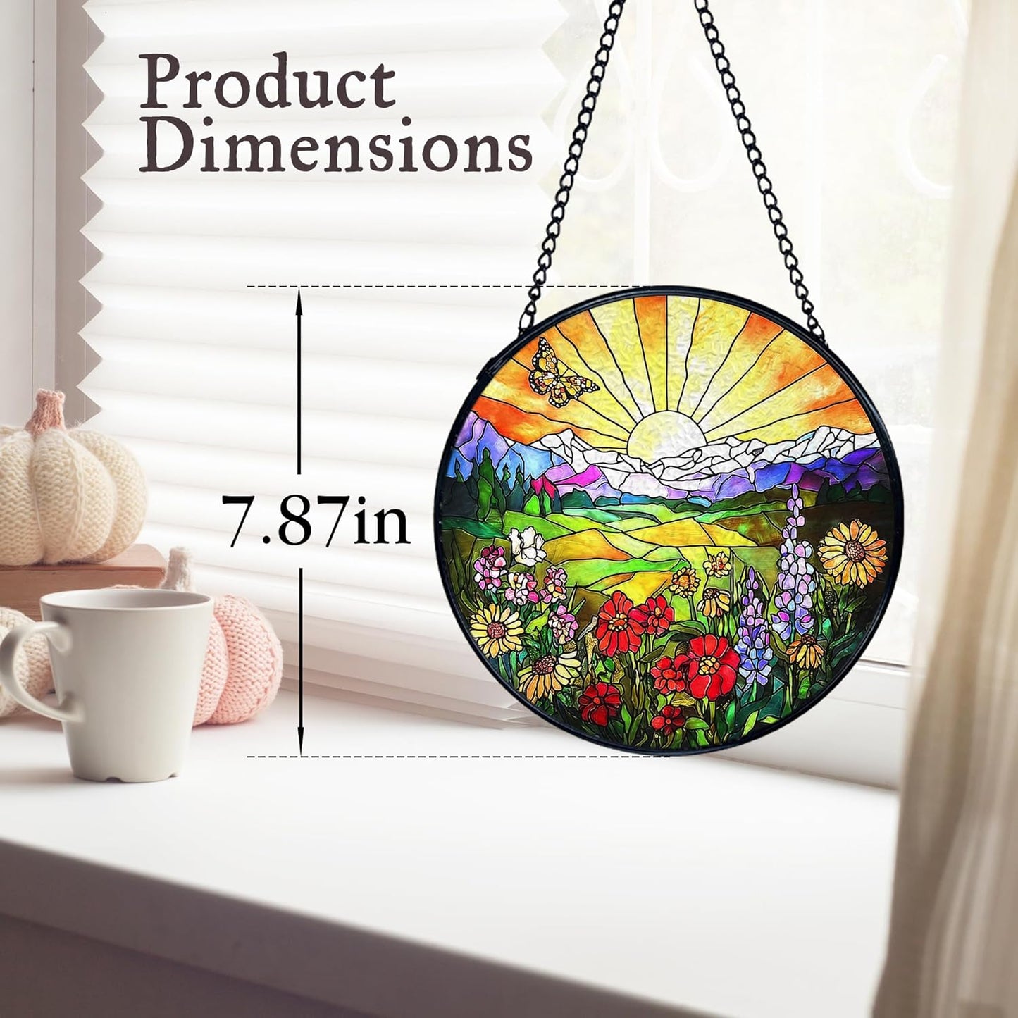 kdqua Sunshine Flower Suncatcher Stained Glass Window Hanging, Cottagecore Sunset Wildflower Sun Catchers Indoor Window Glass Round Wall Decor, Floral Wall Art Hanging Decorations Statues, 7.9x7.9in