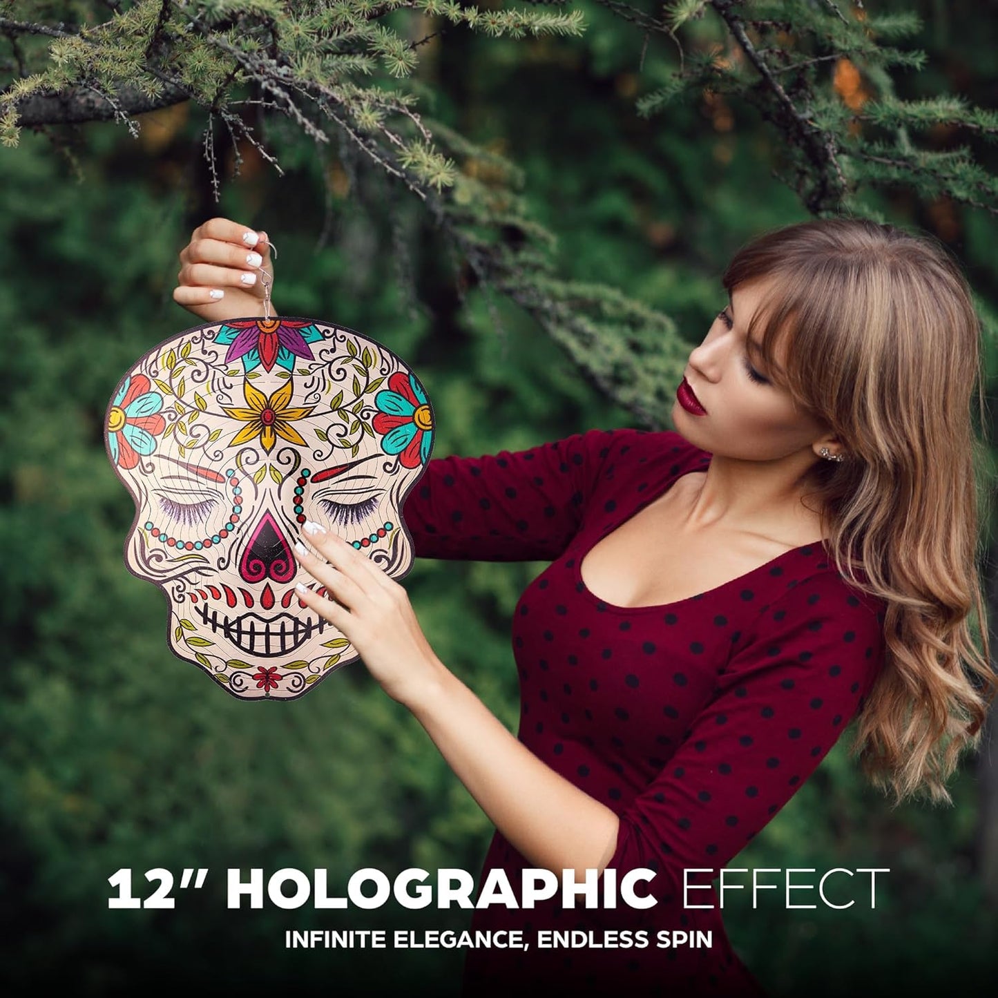 Skylar Day of The Dead Skull 12-inch Wind Spinner, Multi Color Stainless Steel Hanging Ornament Wind Spinners Outdoor Clearance, 3D Visual Effects, Garden Art Décor, Metal Indoor Outdoor Crafts