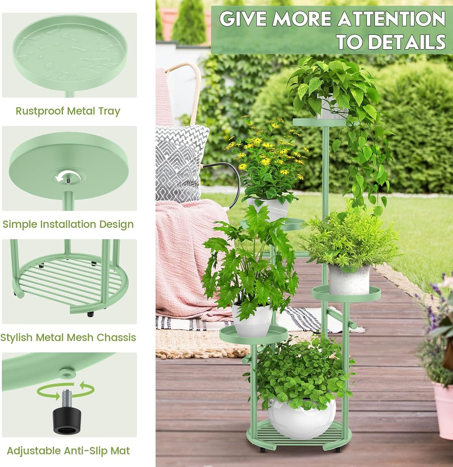 TOSKING 5 Tier Metal Plant Stand Indoor, Plant Shelf, Corner Shelf Flower Pot Stand for Outdoor Plant Stand for Living Room Balcony Garden Patio Bedroom (Green, 42in)