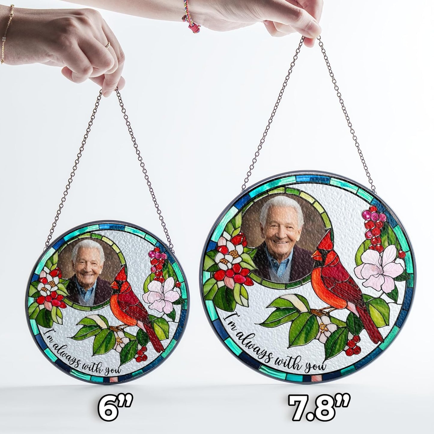 Personalized Photo Cardinal Stained Glass Suncatcher, Window Hanging Ornament, Unique Keepsake Gift for Home Décor, Faux Glass Panel for Family Celebration or Special Memory Display