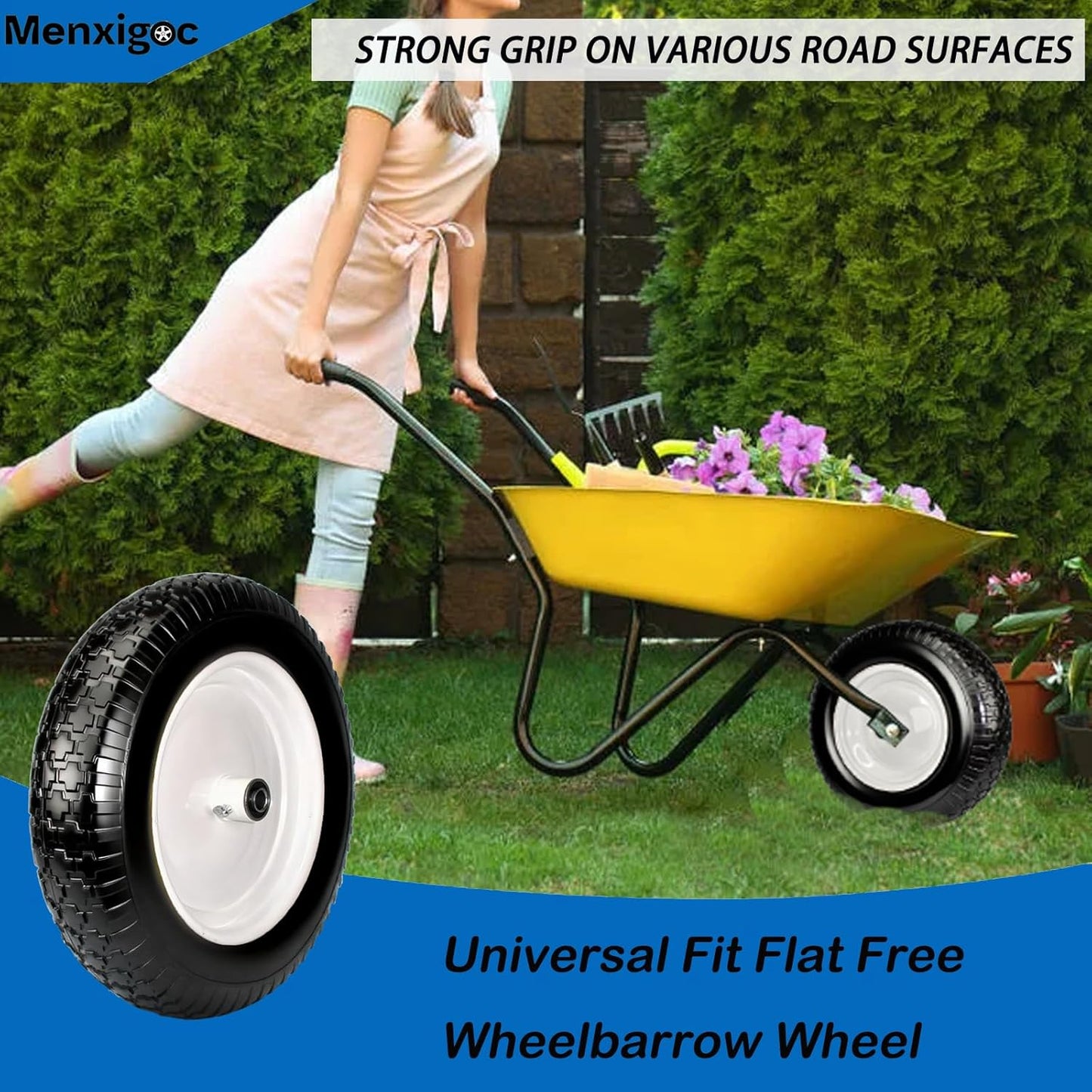 4.80/4.00-8 Tire, 14.5" Tire and Wheel Flat Free, 5/8" Bore Bearing with 3/4" Extra Bearings, 3" Centered Hub - Universal for 4.80-8 4.00-8 4.00-6 3.50/3.00-8 Wheelbarrow Tires