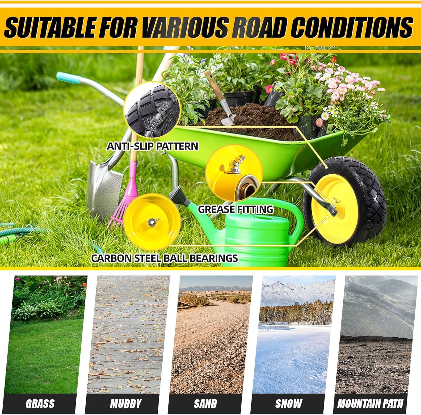 MZREXN 4.80/4.00-8" Flat Free Tire and Wheel, 15" Solid Wheelbarrow Tires, 3.00-4.00/4.80-8" with 5/8" & 3/4" Bearings, 3" Centered Hub for Hand Truck Garden Trailers Utility Cart Yard Wagon Yellow