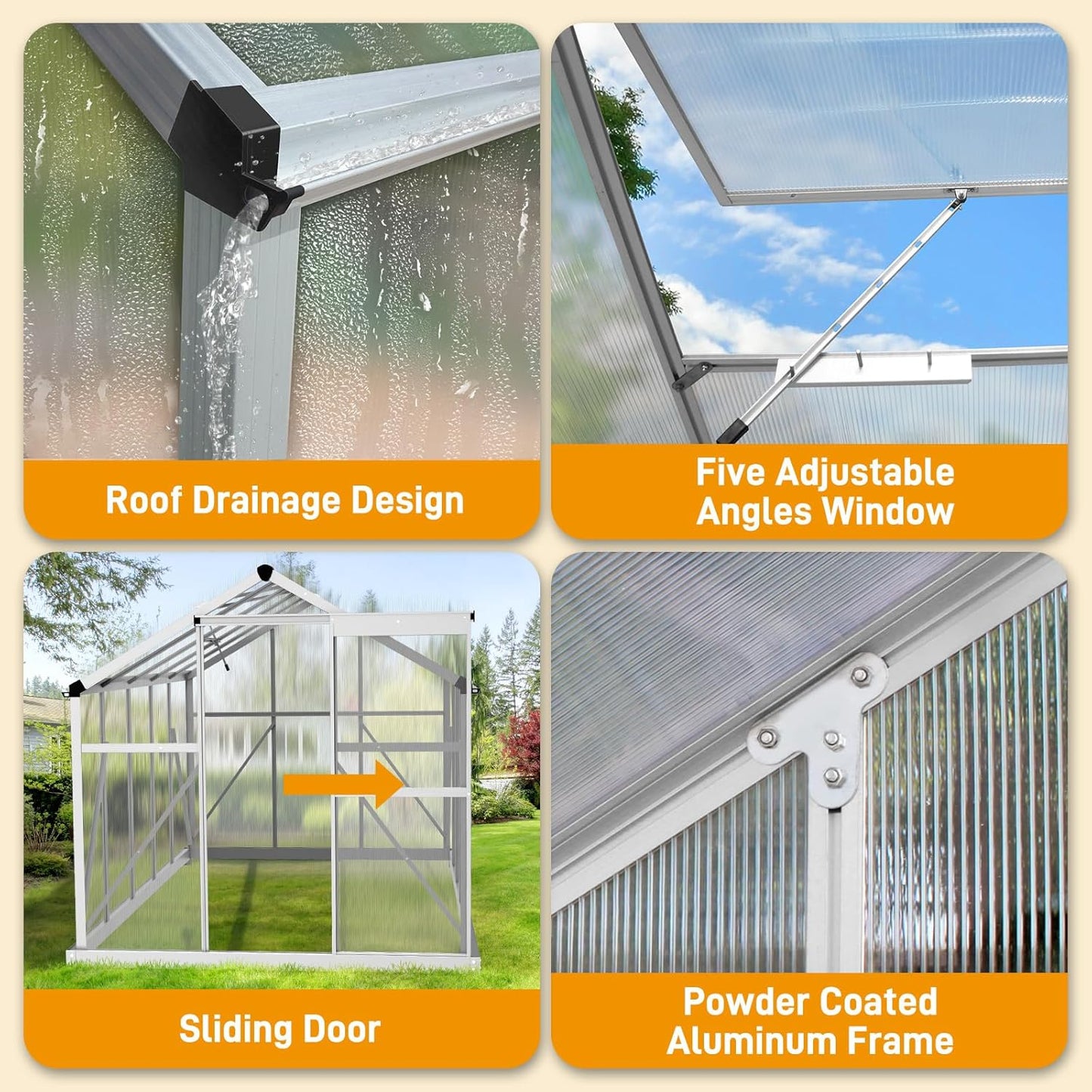 VINGLI 6x10FT Heavy Duty Polycarbonate Greenhouse with 5 Roof Vents, Aluminum Sliding Door, Silver