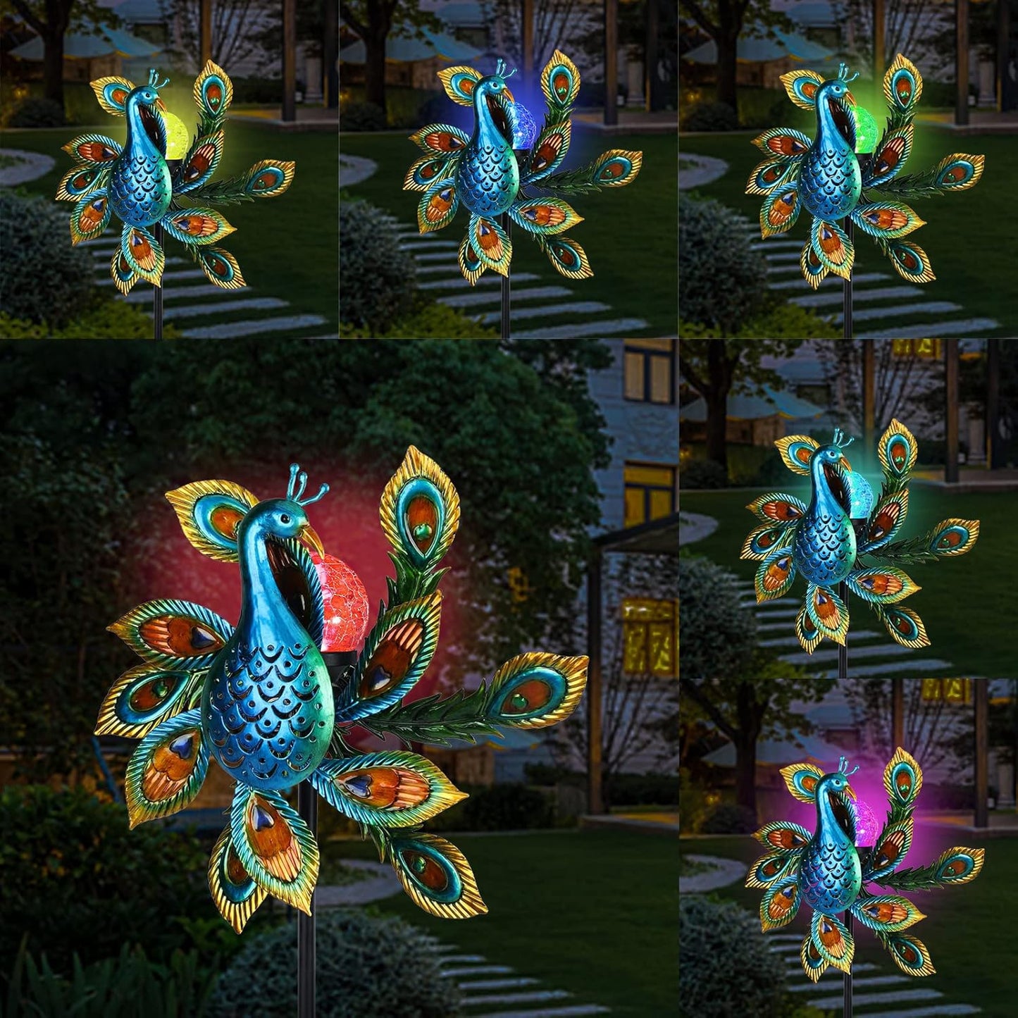 Solar Wind Spinner Outdoor Metal Kinetic Wind Spinners with LED Lighting Glass Ball Peacock Wind Spinner with Stake Decorative Windmill for Yard Lawn Garden Patio Decor