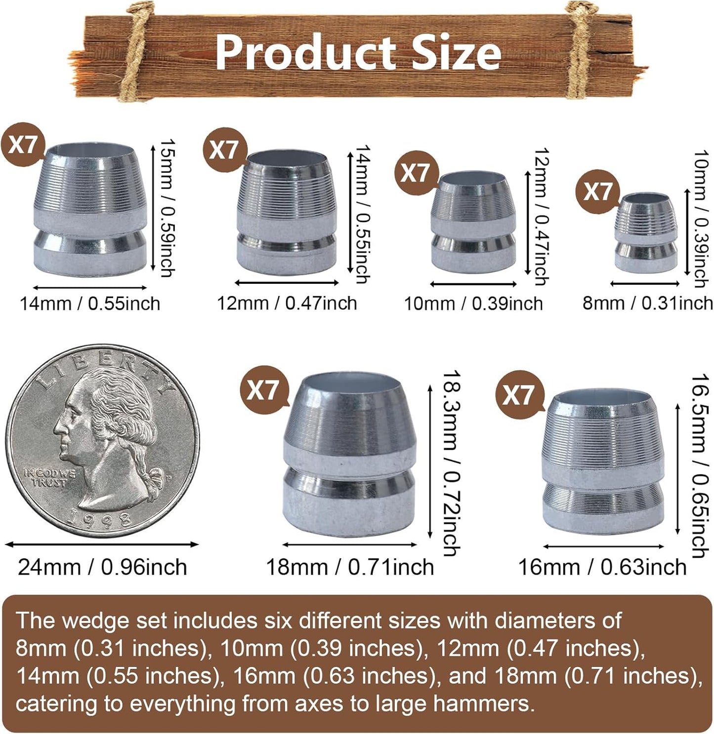 42 PCS Round Axe Handle Wedge Safety Handle Metal Wedge Hammer Handle Wedges Steel Wedge Kit for Axe Hammer Sledge (0.31/0.39/0.47/0.55/0.63/0.71 Inch)