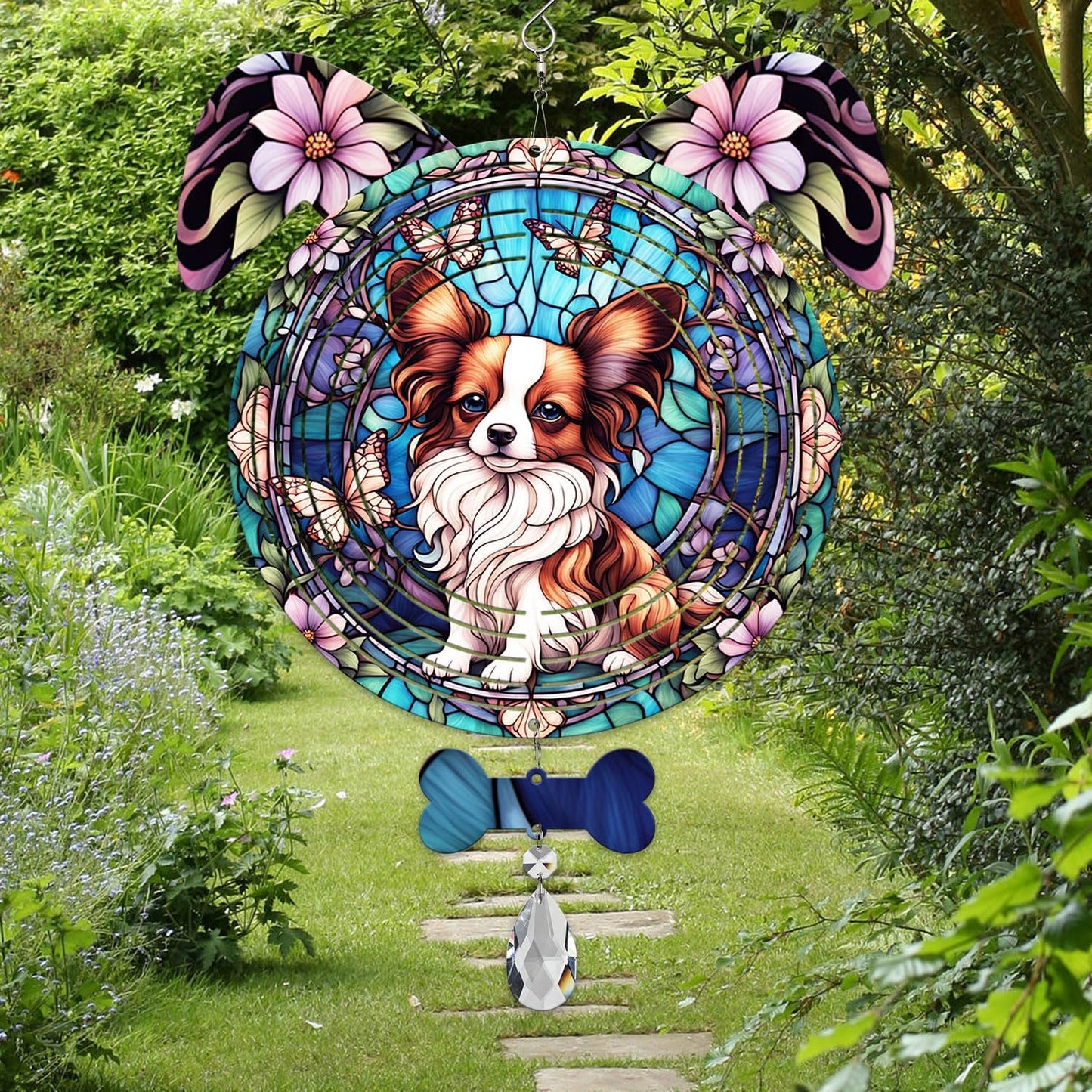 Papillon Dog Ears Wind Spinner, Papillon Wind Spinner Hanging for Yard and Garden V02