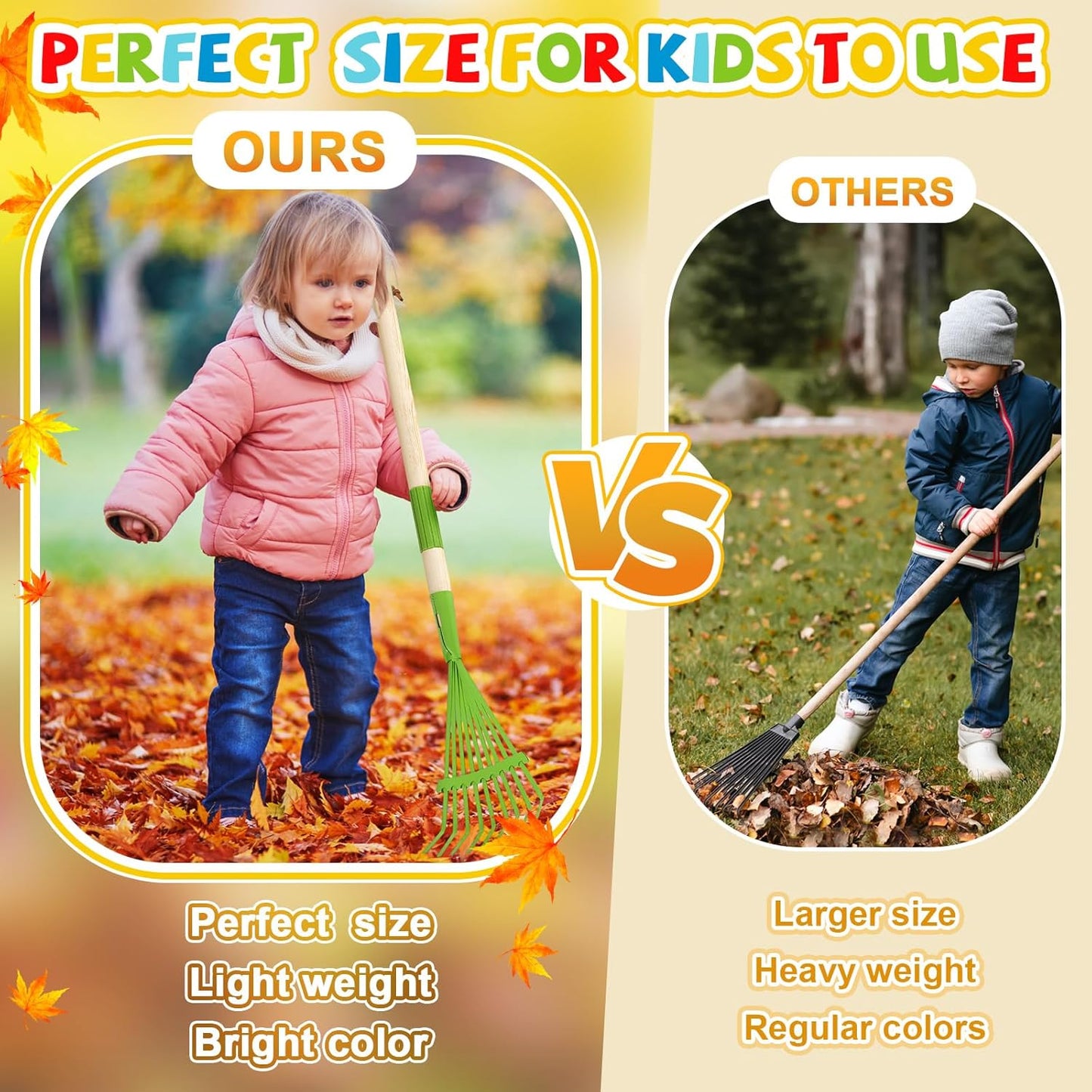 Suclain 4 Pcs Kids Rake with Hardwood Handle Small Child Size Multicolor 28'' Mini Rake for Leaves Lightweight for Children Garden Leaf Yard Tools Gifts