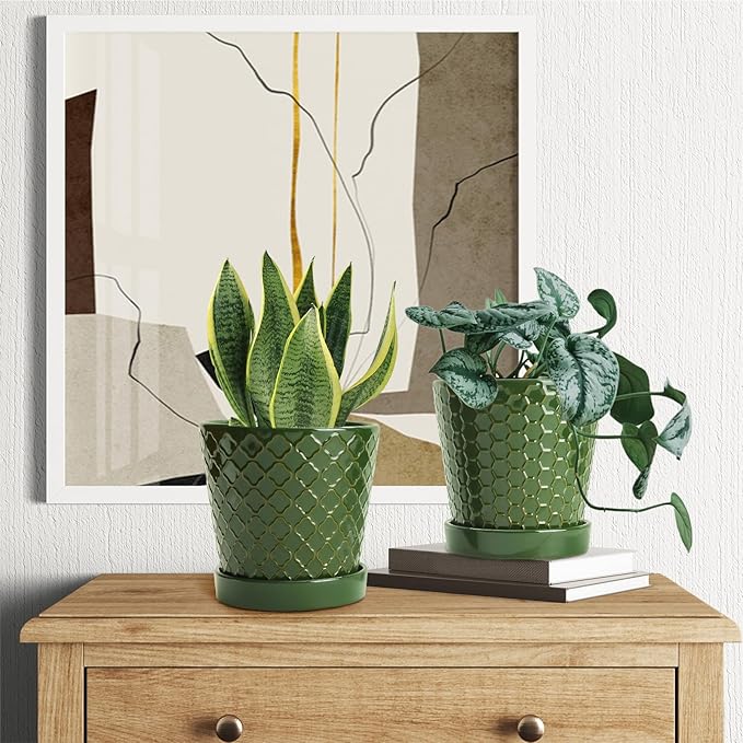 EFISPSS Ceramic Plant Pots, 5 Inch Planters with Drainage Holes and Ceramic Tray, Relief Design Flower Planter,Desktop Office Windowsill Decoration Gift Set of 4 - Blackish Green
