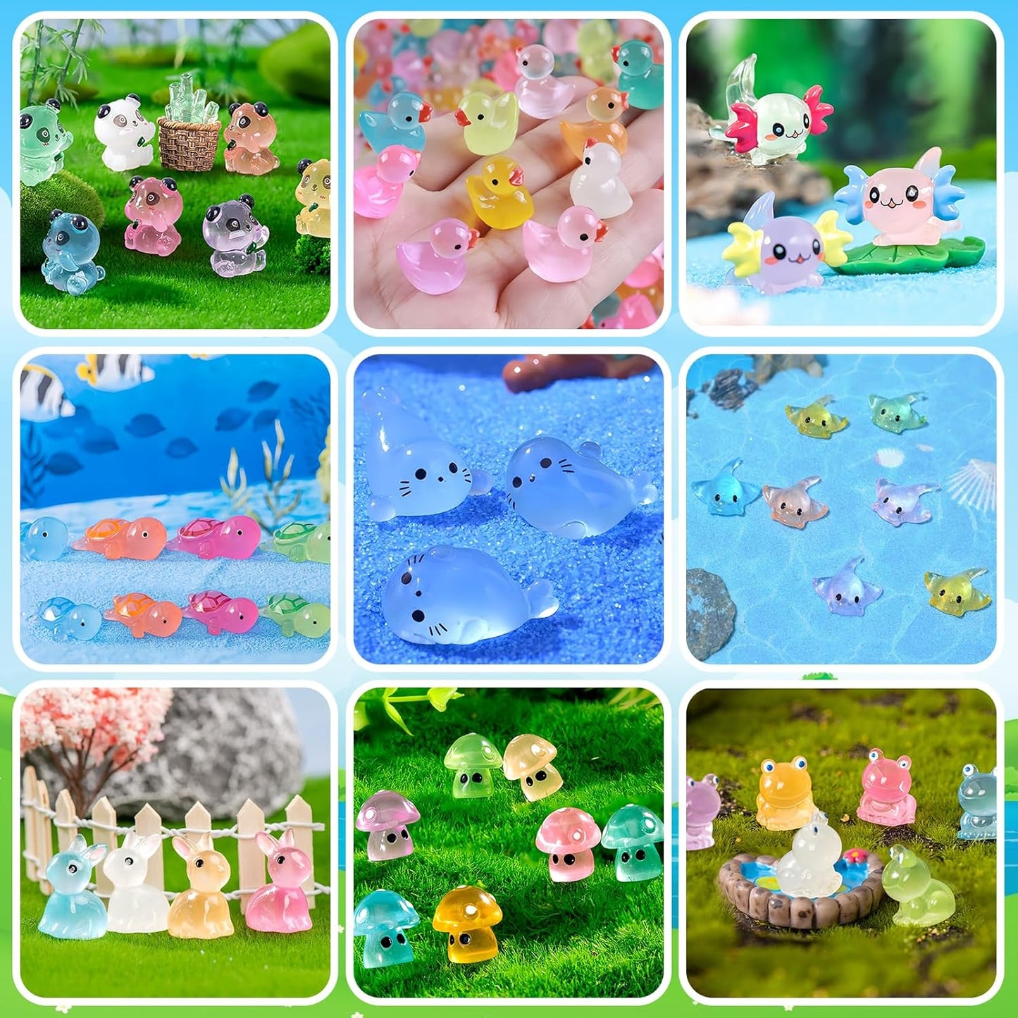 120 Pcs Luminous Mini Resin Animals Glow in The Dark Small Little Tiny Resin Figurines Ducks Axolotls Pandas Garden Miniature Figures for Crafts Micro Landscape Decoration Fairy Garden Accessories