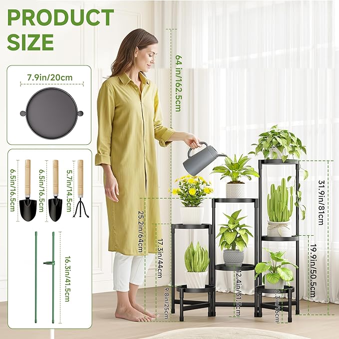 7-Tier Metal Plant Stand Indoor, Foldable Corner Plant Shelf Outdoor, Rotatable Tiered Flower Display Stand, Black Multiple Plants Holder for Patio Living Room Balcony Garden Home Decor