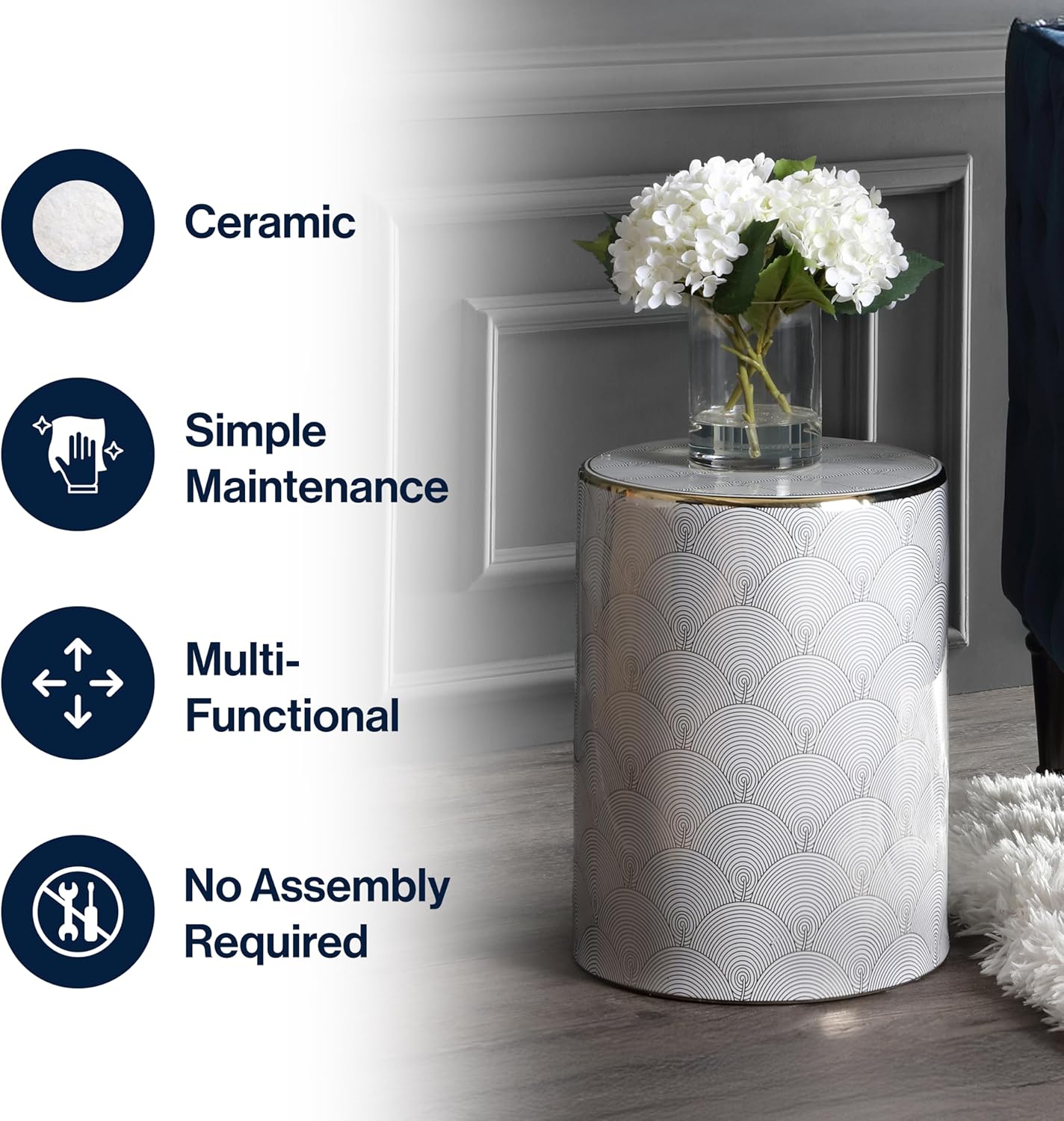 JONATHAN Y TBL1001A Fish Scale 17" Modern Ceramic Indoor/Outdoor Garden Stool, Coastal, Contemporary, Transitional, Side Table, Plant Stand, Spill-Proof, Living Room, Garden Room, Patio, White/Gold