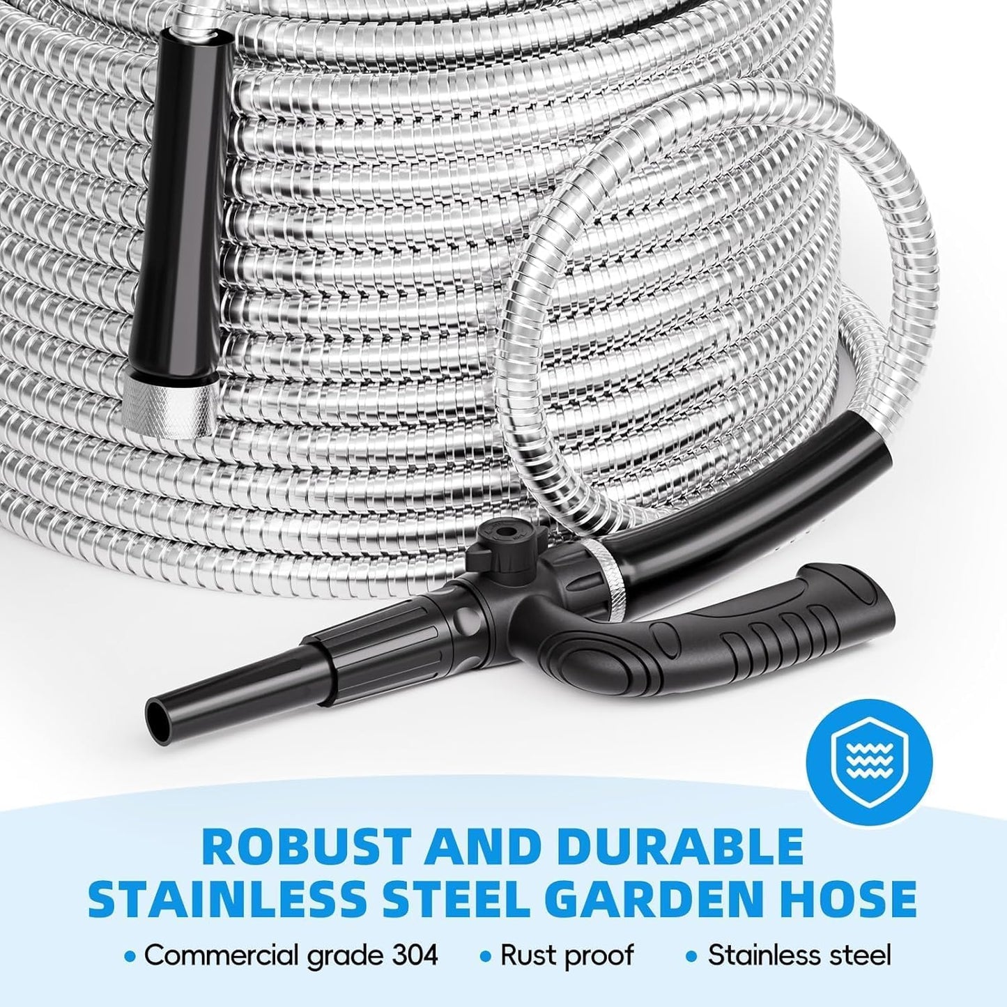 SPECILITE Metal Garden Hose 100ft Heavy Duty 304 Stainless Steel Water Pipe for Yard, Outdoor - Durable, Tough & Flexible, Kink & Tangle Free, Pet-proof, Puncture Resistant with Independent Grip