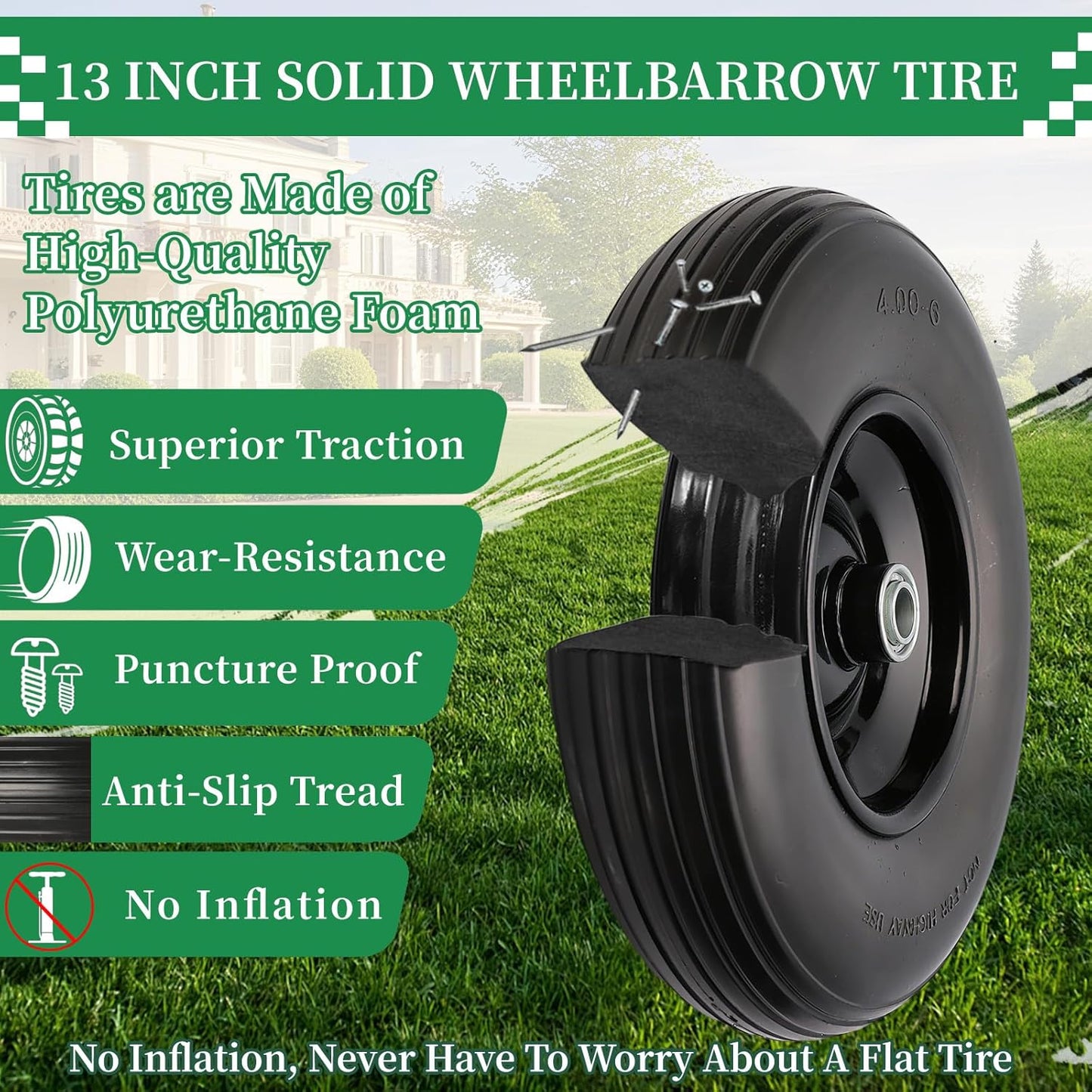 RRQ 4.00-6 Flat Free Tire and Wheel, 13" Solid Wheelbarrow Tire with 1.75" Centered Hub and 3/4" Bearings(Come with 5/8" ID Iron Tube Adapter), for Garden Cart, Trolley, Wheelbarrow Wheel Replacement