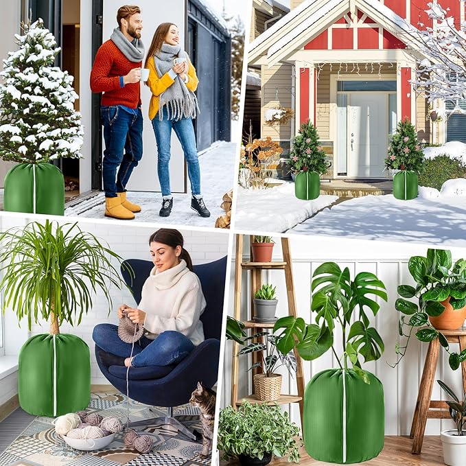 2 Pcs Large Plant Pot Covers for Winter Potted Plant Freeze Protection Cover Frost Jacket with Zipper Drawstring to Keep Outdoor Plants Flowers Shrubs Trees Warm (25.6" D x 19.7" H - Green)