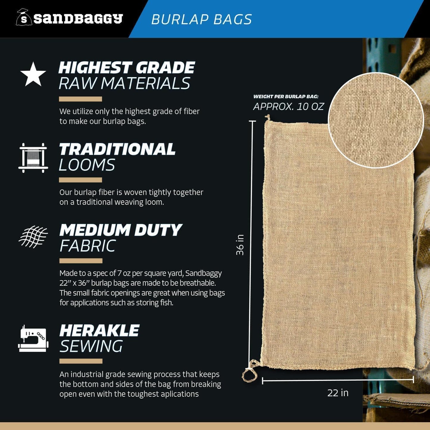 Sandbaggy Burlap Bags for Vegetables & Gardening, 22" X 36"- Burlap Sacks Perfect for Kids - Plant Covers - Holds Up to 50lbs - Food Grade (Pack of 10)