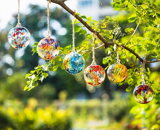 4” Tree of Life Witch Balls, Gazing Balls Hanging Friendship Balls, Hand-Blown Glass Christmas Ornament for Window Outdoor Home Decor, Garden Decoration, Gifts for Women (Teal Blue)