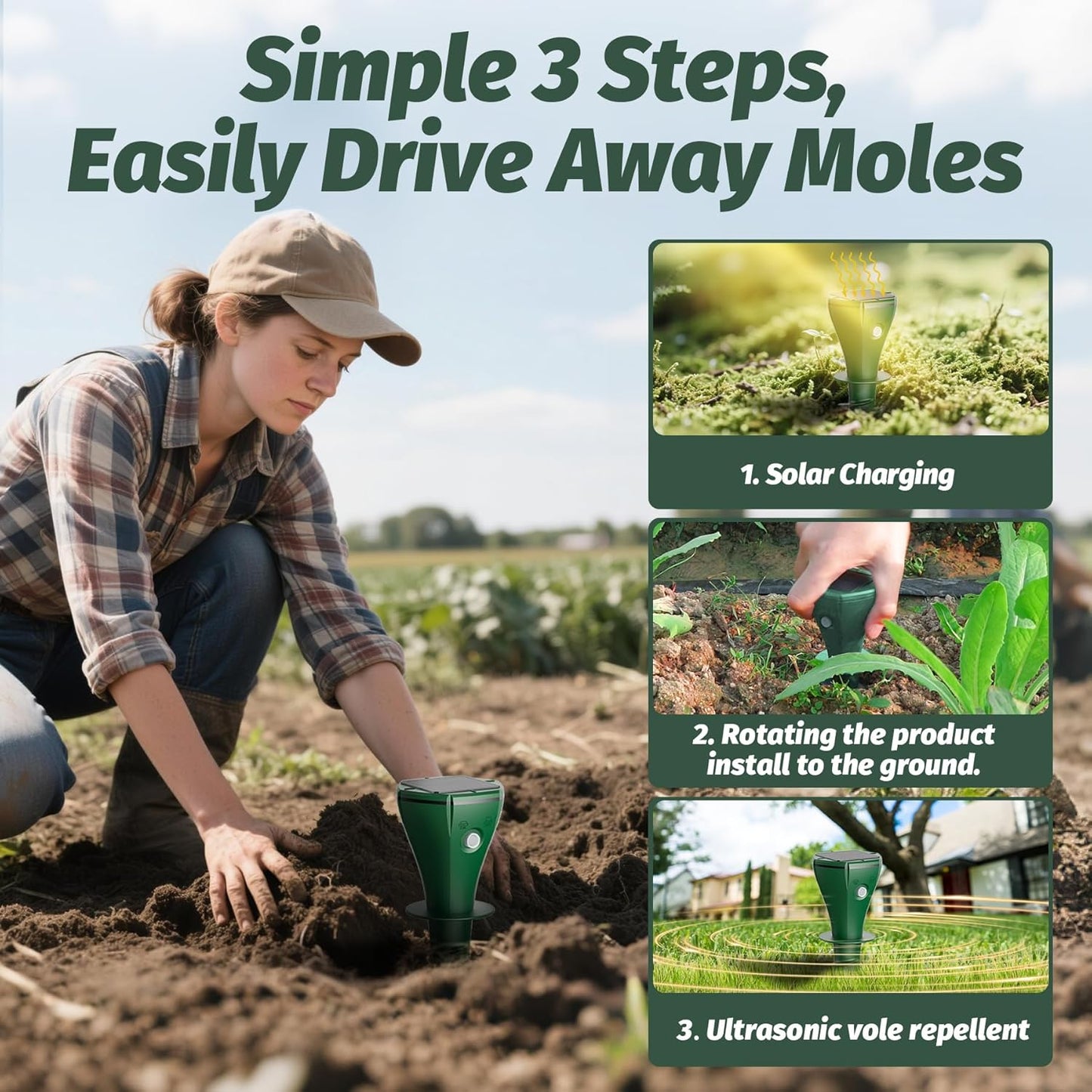 Mole Repeller for Lawns,8 Packs Solar Powered Vole Repellent Ultrasonic Pest Control Stake, Waterproof Sonic Pulse Deterrent for Gopher Vole Snake in Lawn, Garden & Yard