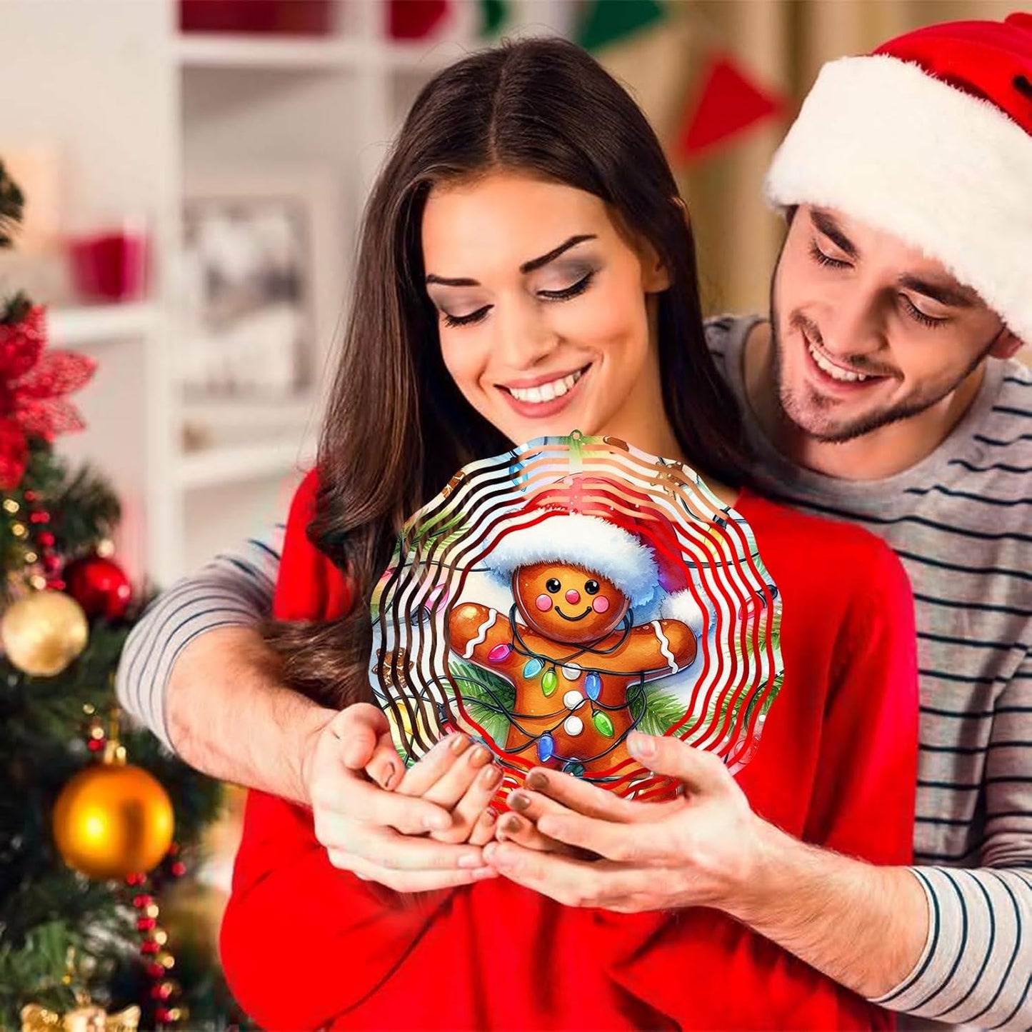 3D Gingerbread Wind Spinner 10 Inch Kinetic Wind Spinners Hanging Stainless Steel Holiday Ornament for Festive Home and Garden Christmas Decor