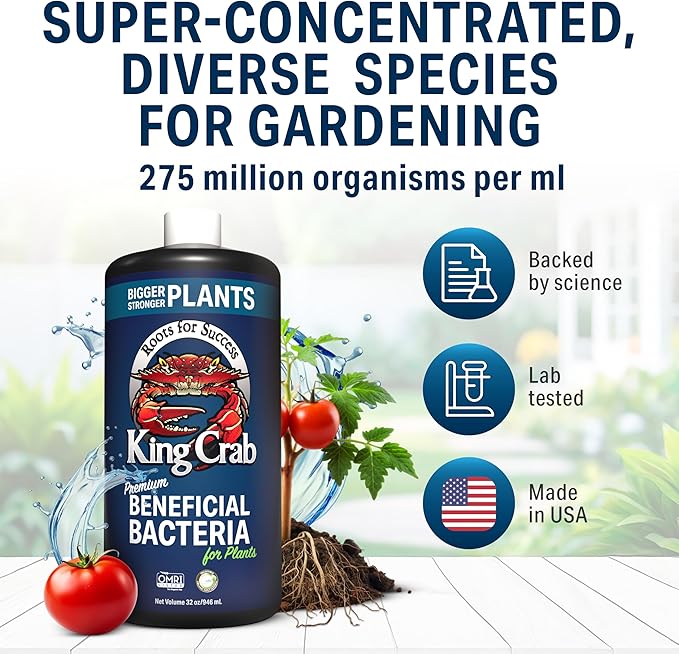 King Crab Root Stimulator for Plants, Ultra Concentrated OMRI Organic Bacteria, 275 Million Organisms per ml, Roses, Tomatoes, Houseplants, Soil Conditioner, Soil Activator, Soil Microbes
