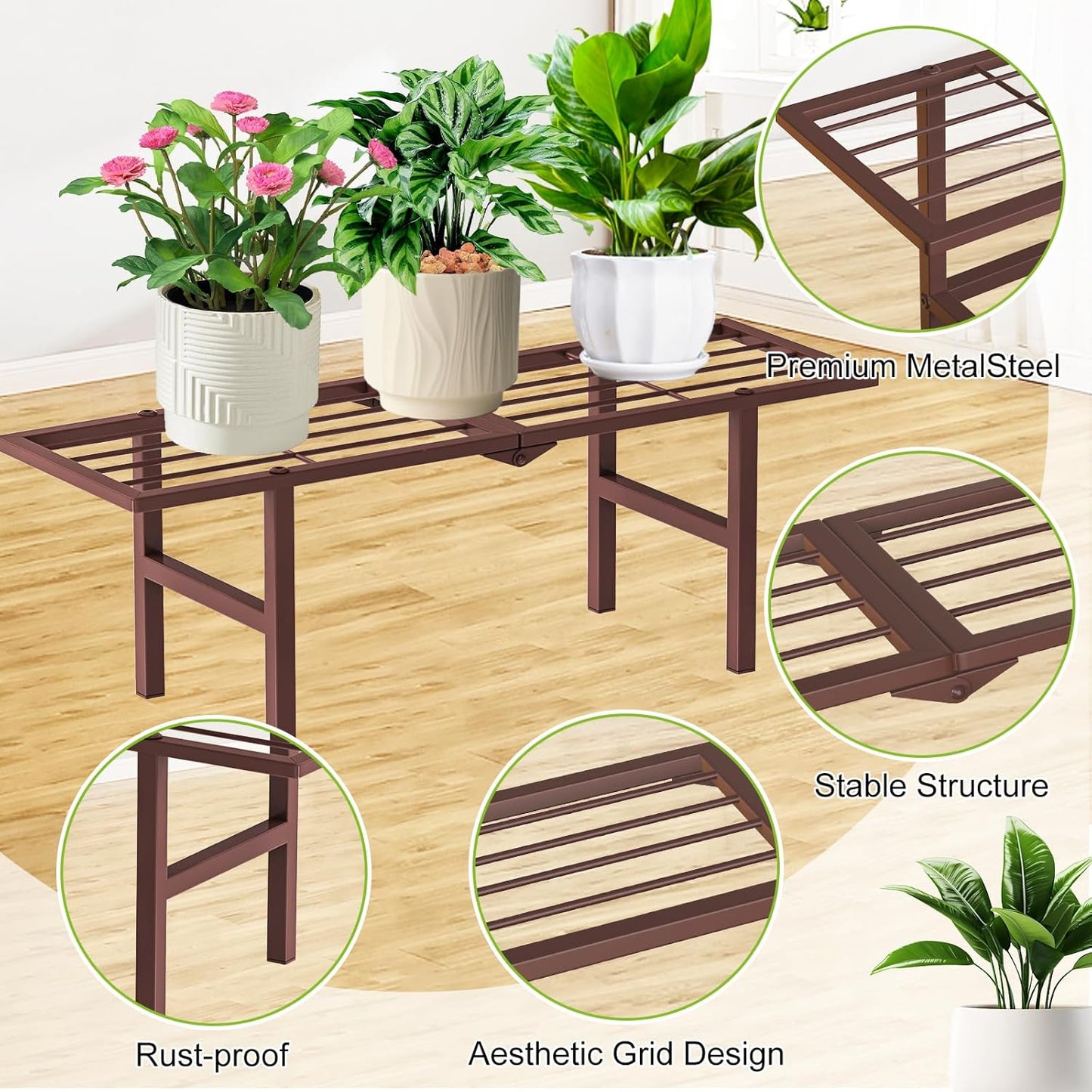 2 Pack Metal Plant Stand Outdoor Indoor, 1 Tier Folding Tiered Corner Flower Display Holder Shelf, Stackable Heavy Duty Multiple Plant Rack for Windowsills Patios Balconies, Brown