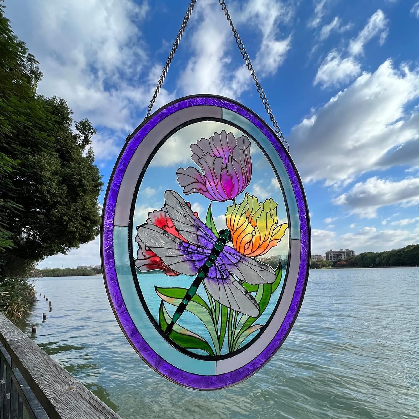 Stained Glass Window Hanging Dragonfly Suncatchers 10 Inch Glass Panel Sun Catchers Indoor Window Wall Art, Stained Glass Dragonfly Light Catchers for Windows Handmade Glass Art Gift