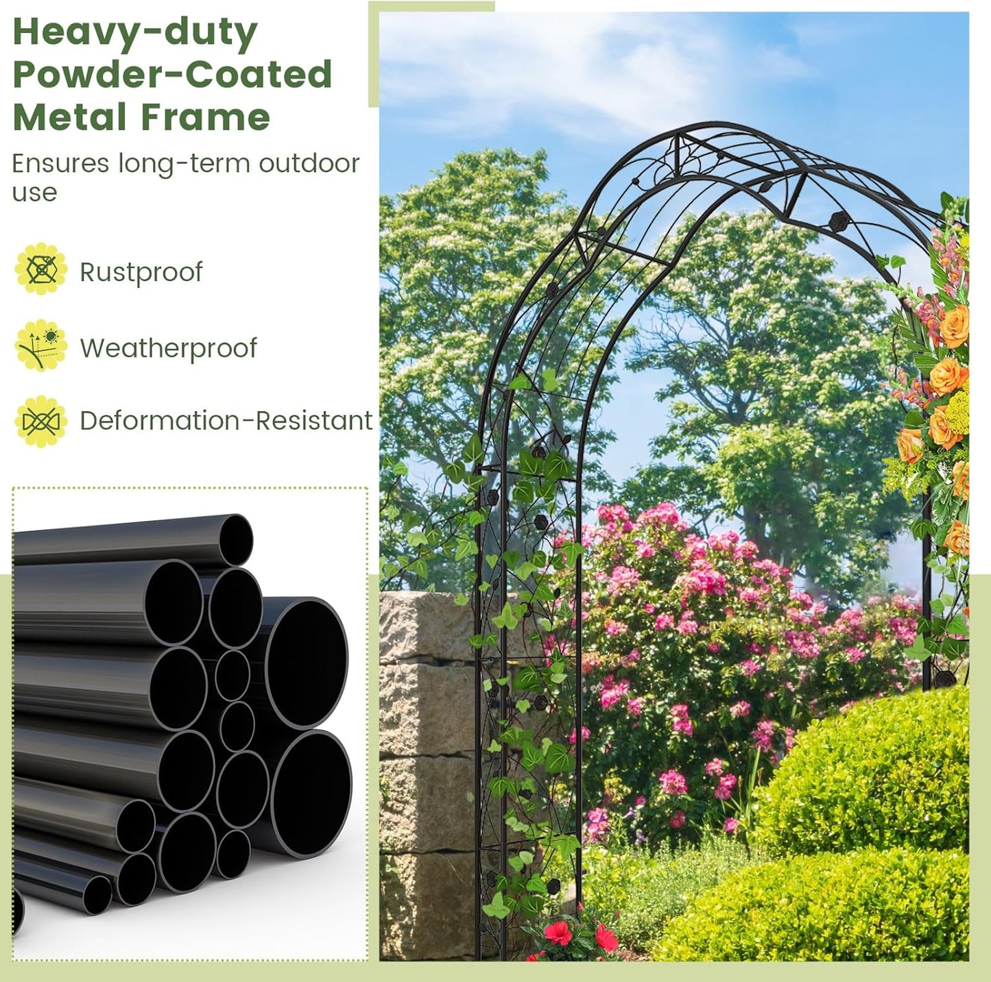 Moccha 2 Sides Garden Arch Arbor Trellis, 8.2FT Metal Archway for Climbing Plants Roses Vines, Outdoor Pergola Trellis with 6 Styles & Sharp Ends, Garden Arbor for Backyard Wedding Party Ceremony