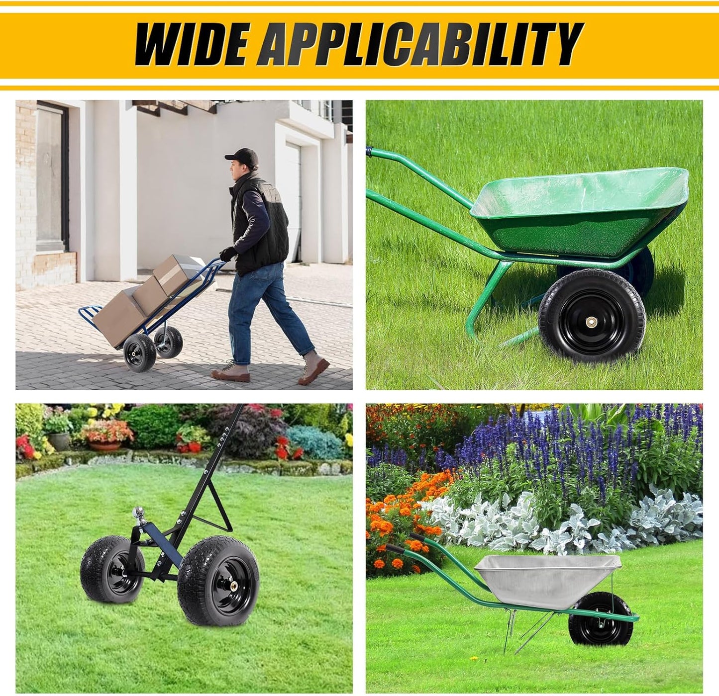 MZREXN 14.5" Wheelbarrow Tire Flat-Free 3.00/3.25/3.50/4.00-8" Solid Tire and Wheel with 3"-7" Centered Hub, 3/4" & 5/8" Bearings Replacement for Hand Truck/Dolly/Utility Cart/Garden Cart 1PCS Black