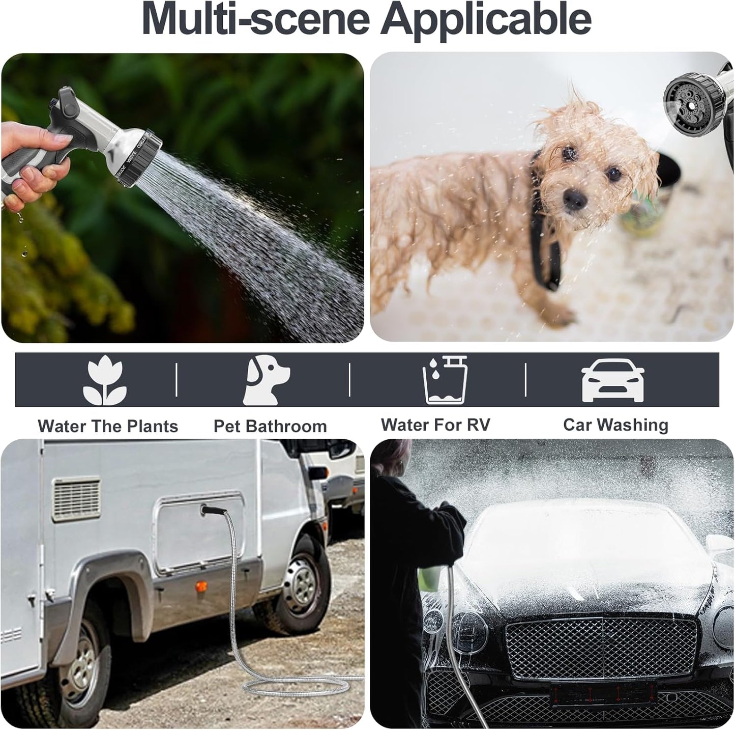 SPECILITE 175ft 304 Stainless Steel Garden Hose Metal, Heavy Duty Water Pipe with Nozzles for Yard, Outdoor - Flexible, Never Kink & Tangle, Puncture Resistant (Sliver)