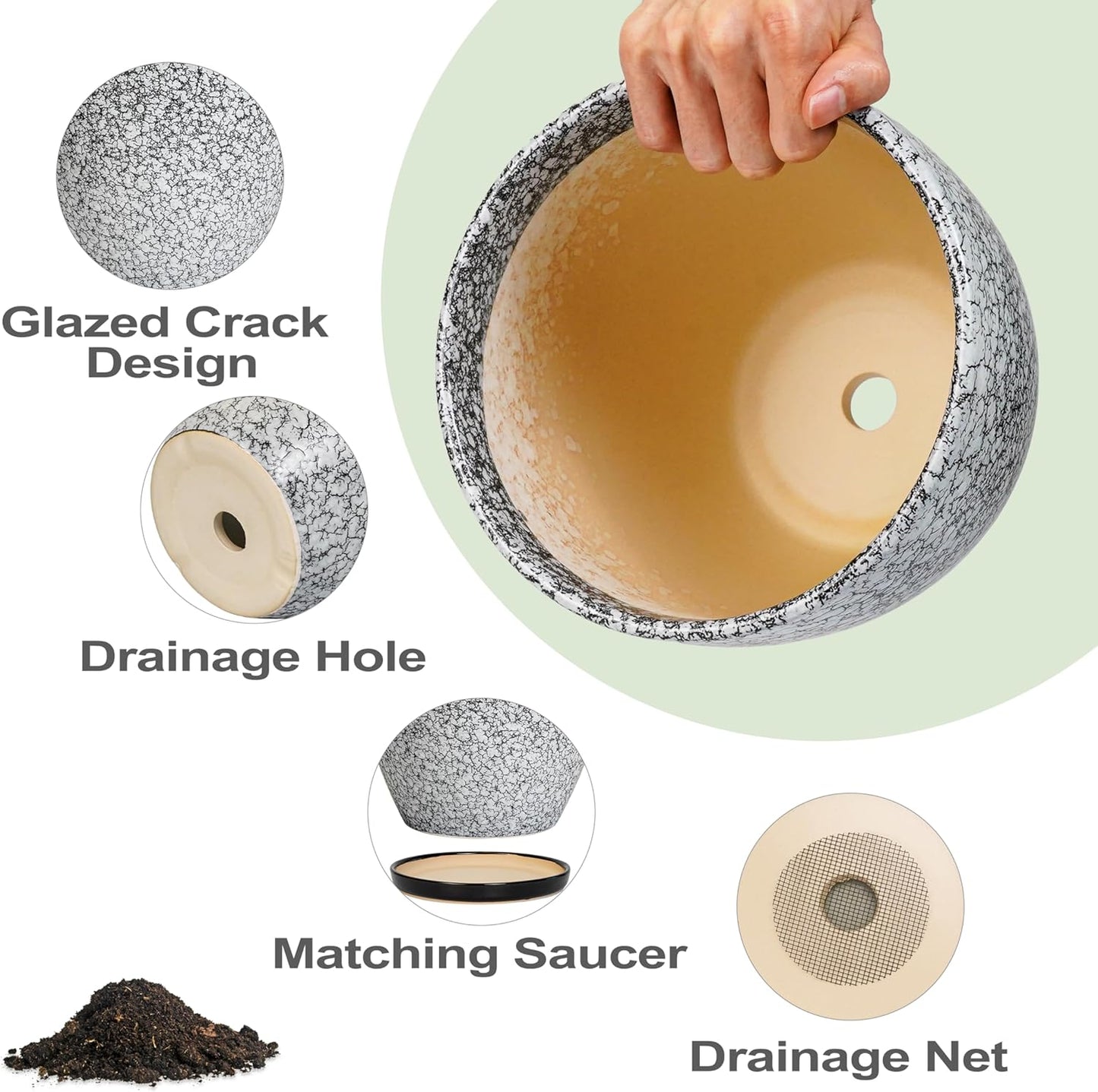 Ceramic Planter - 6 Inch Plant Pot for Indoor Ourdoor Plants, Round Succulent Planter, Decorative Flower Pots with Drainage Hole and Saucer, Home Desk Decor, Housewarming Gifts, White-Black
