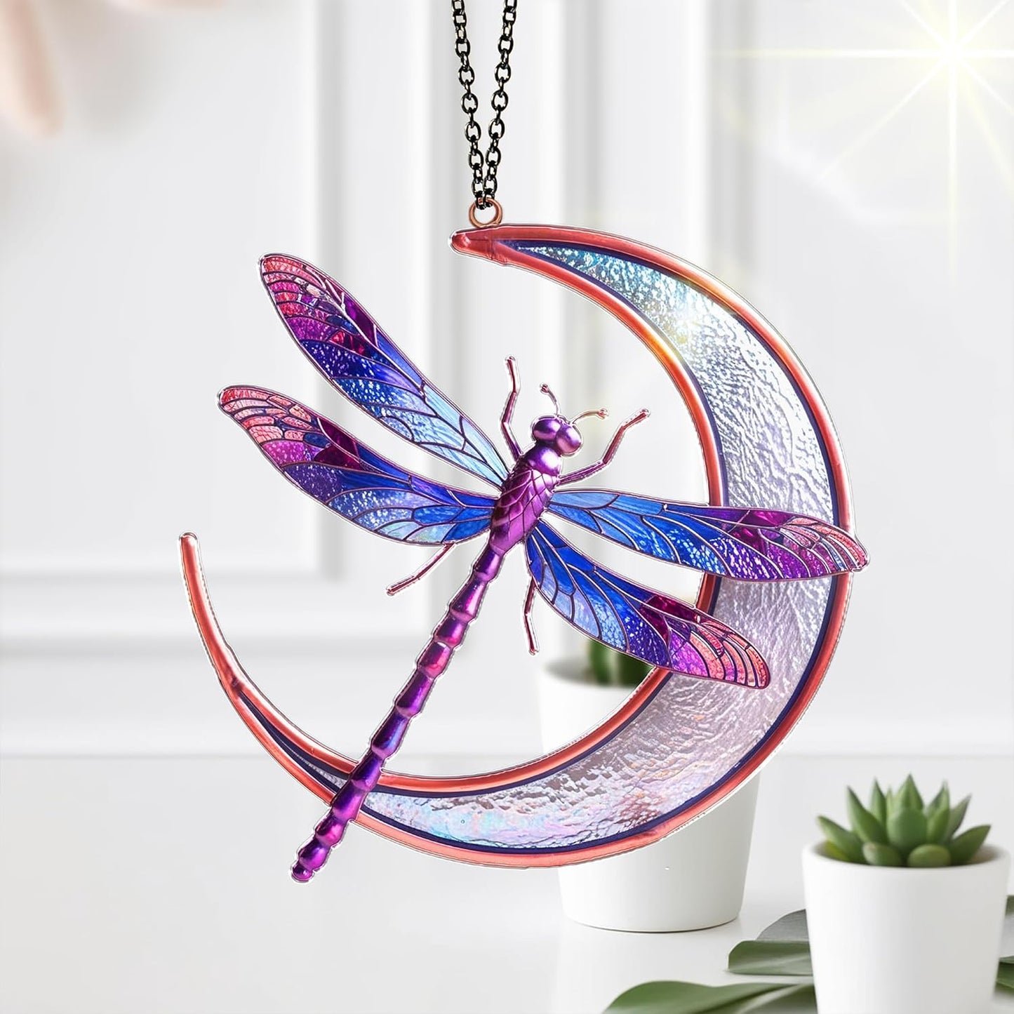 Dragonfly Suncatcher, Purple Dragonfly Moon Window Hanging, Acrylic Sun Catcher, Ornament Wall Art Decor for Home Garden Housewarming, Birthday Gift for Nature Lovers, Mom, Grandma, Women