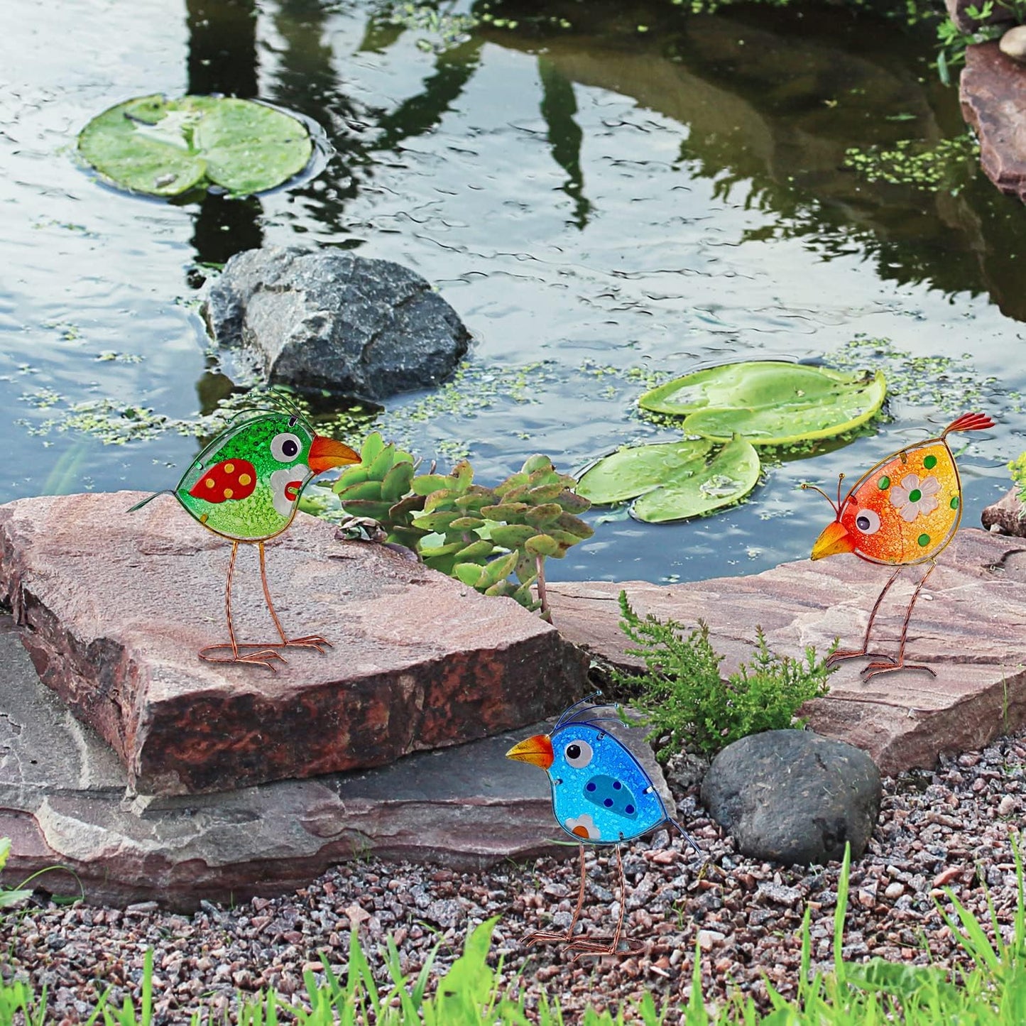 John's Studio Garden Decor for Outside - Outdoor Statue Decorations Metal Bird Glass Yard Art Décor, Lawn Ornaments for Patio Yard Porch, Housewarming Gift - 3 PCS