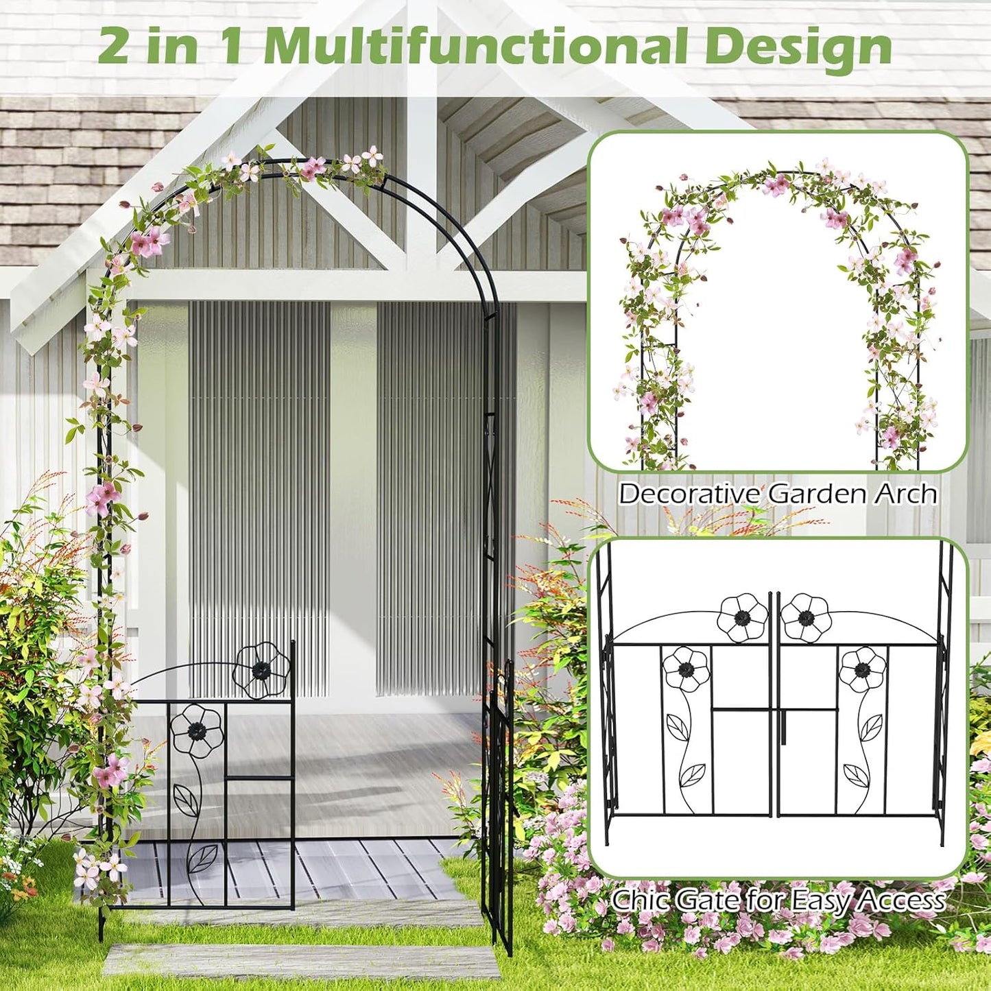 Moccha Garden Arbor, 90" Metal Arbor Trellis for Climbing Plants, Rose, Ivy, Outdoor Archway Pergola with Lockable Gate, 4 Ground Stakes, Garden Arch for Lawn Patio Bridal Party Pathway Ceremony