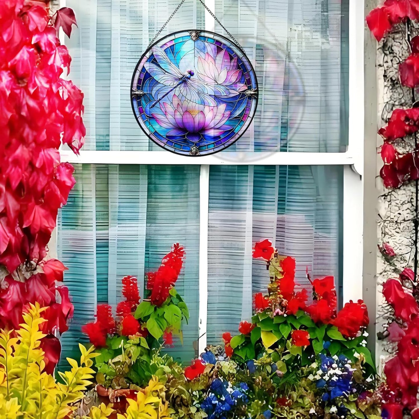 RIVEENY Stained Glass Window Hanging, Stain Glass Dragonfly Gifts Sun Catcher for Windows, 7.8 inch Suncatchers Birds Window Hangings Gifts for Home Garden Christmas Party Wedding (Lotus)
