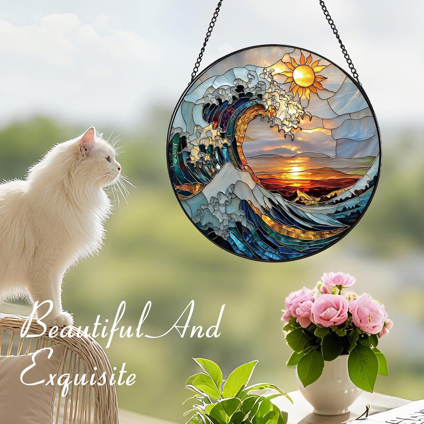 The Ocean Waves and The Sunrise Suncatcher -7.9 in Stained Glass Window Hanging Sun Catcher Garden Decor