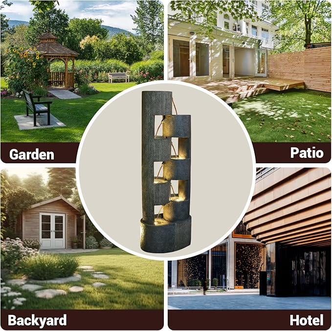 51" Outdoor Water Fountain Waterfall Fountain Outdoor Garden Water Feature Durable Resin Fiberglass with LED Lights, Pump, Natural Stones for Garden, Living Room, Patio