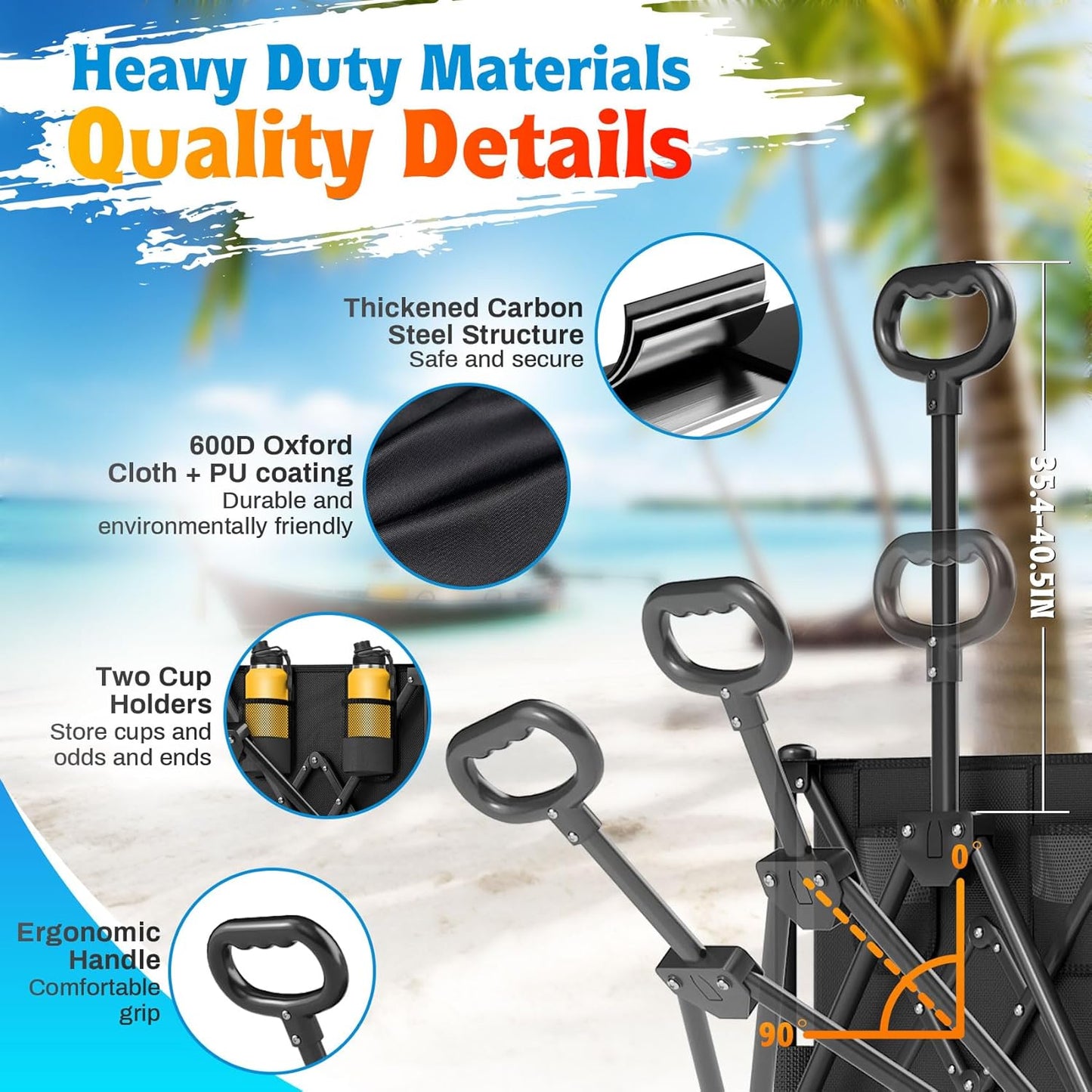 Heavy Duty Beach Wagon with 9" Big Wheels for Sand - 450lbs Load Foldable Wagon with Adjustable Handle & Cooler Bag, Collapsible Beach Cart for Shopping Garden Sports Camping Outdoor