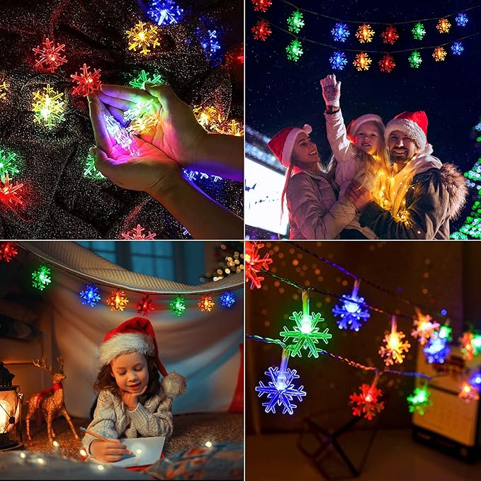 Brightown Solar Christmas Snowflake String Lights - 2 Pcs 100 LED 39 FT Outdoor Waterproof Fairy Lights with 8 Lighting Modes for Wedding, Party, Tree, Garden, Patio, Yard, Home, Multicolor
