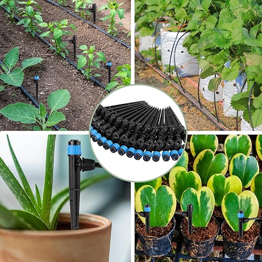 80 Pcs Drip Irrigation Emitters with Adjustable 360 Degree Water Flow Drippers for 1/4 Drip Tubing Sprayer on 5.5 Arrow Stake for Garden Irrigation System(Blue, Black,Lock Barbed)
