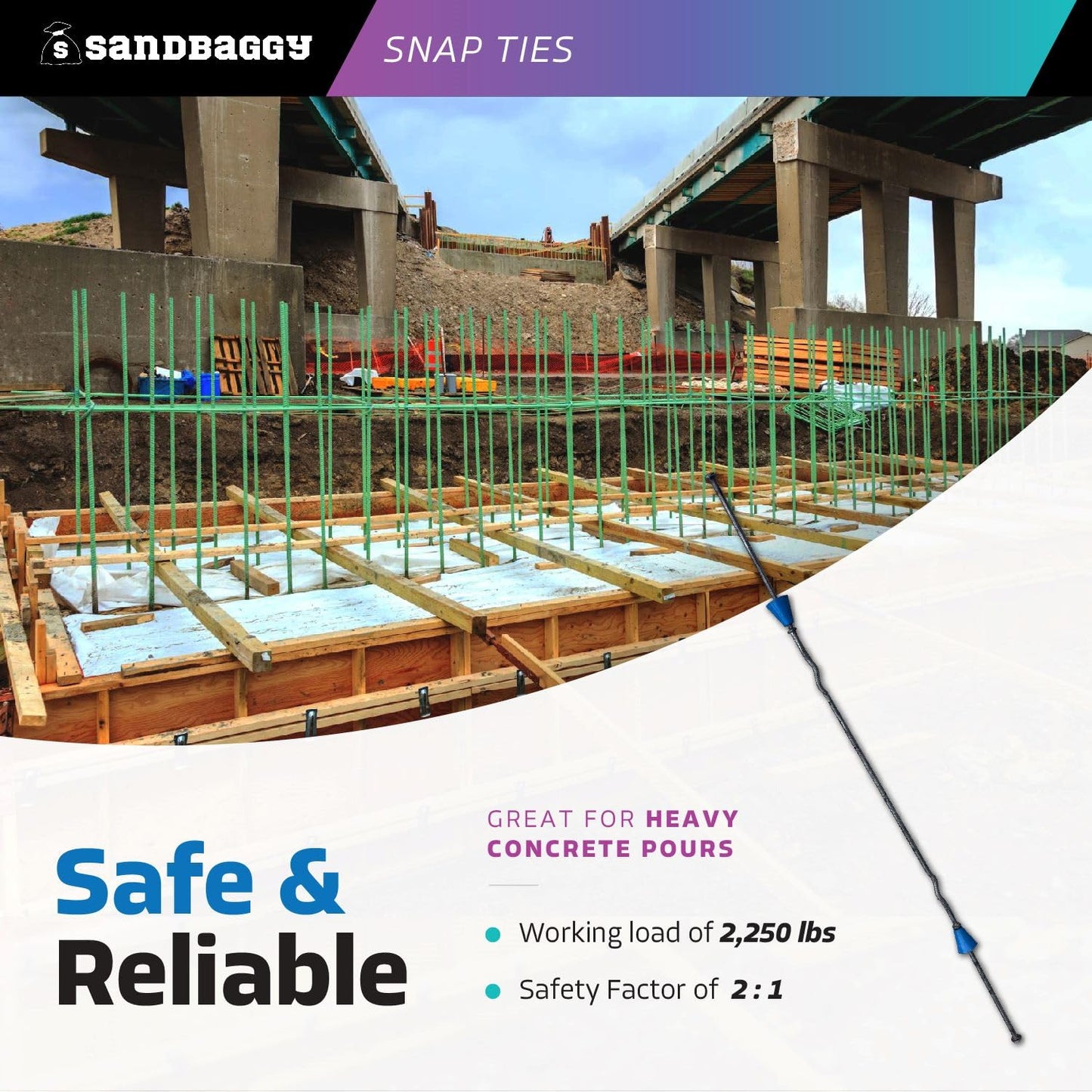 16" x 4 ¾" Standard Snap Ties for Concrete Forms (Short End) - 1" Plastic Cones, Integral Heads - 2:1 Safety Factor, 2,250 lbs Working Load - Construction Grade 4 Gauge Steel (Short End, 50, Count)