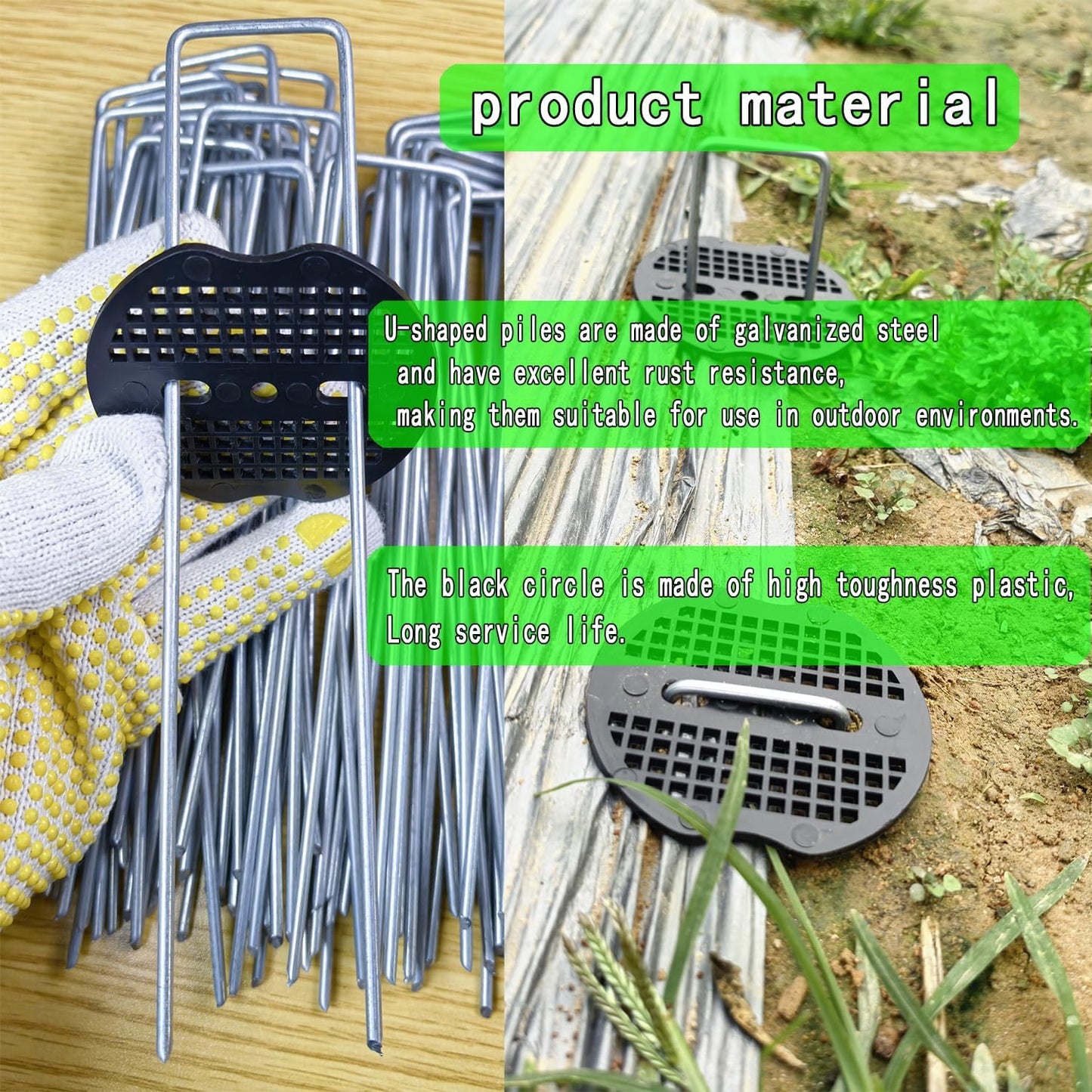 150 Pack Landscape Staples with 150 Gaskets, 8-Inch Garden Stakes, 11 Gauge Galvanized U-Shaped Pins for Weed Barrier Fabric