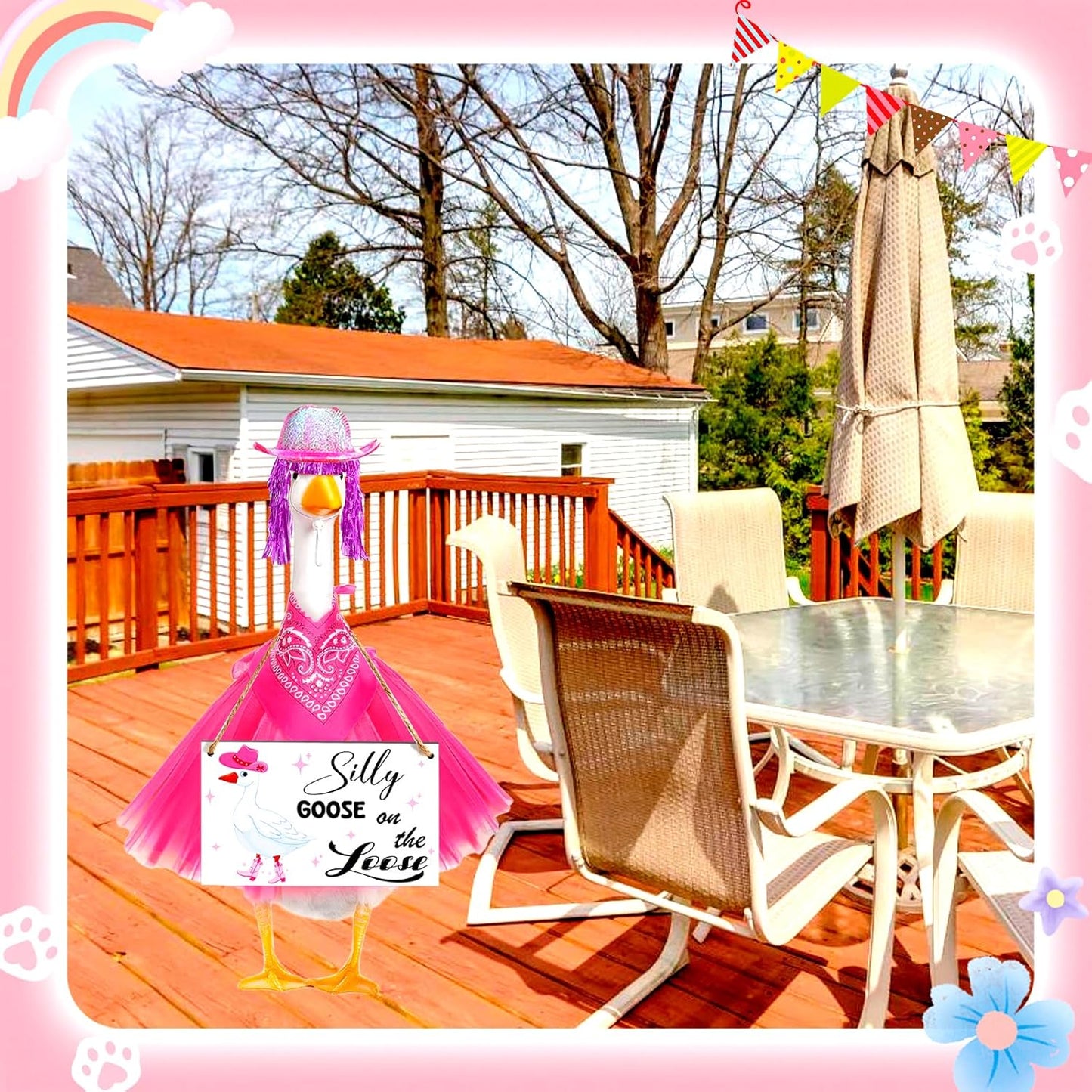 Cowboy Porch Goose Outfit Set for 23" Cement/Plastic Lawn Goose Statue - Silly Goose on The Loose Sign with Hat, Bandana, Lace Tutu Skirt Funny Wigs for Garden Party Yard Outdoor Decor