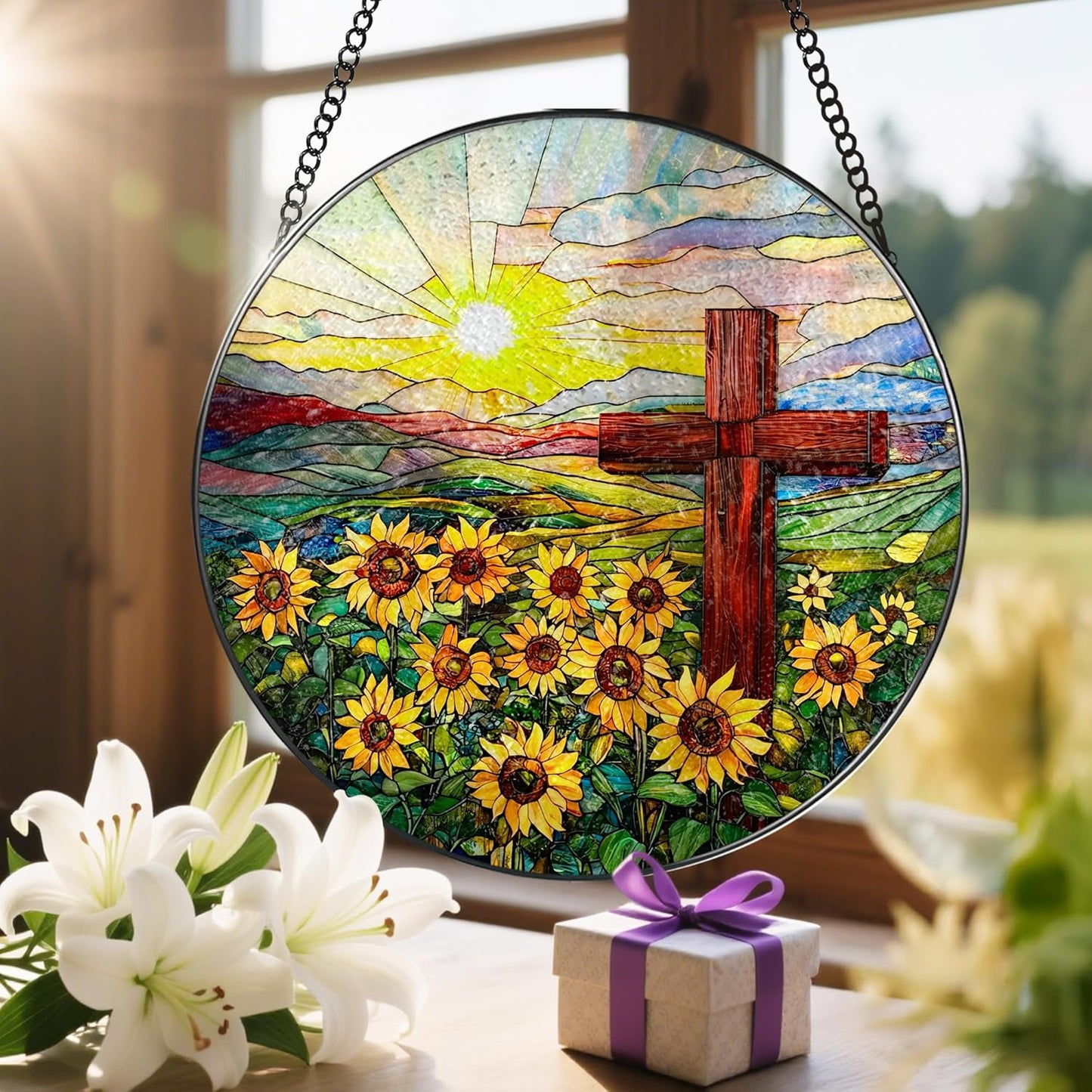 Cross Stained Glass Sun Catcher, Stained Glass Window Hanging, 8 Inch Suncatchers for Windows, Window Hanging Ornament, Easter Faith Home Decor, Cross Gifts, Gift for Religious, Christian Gifts